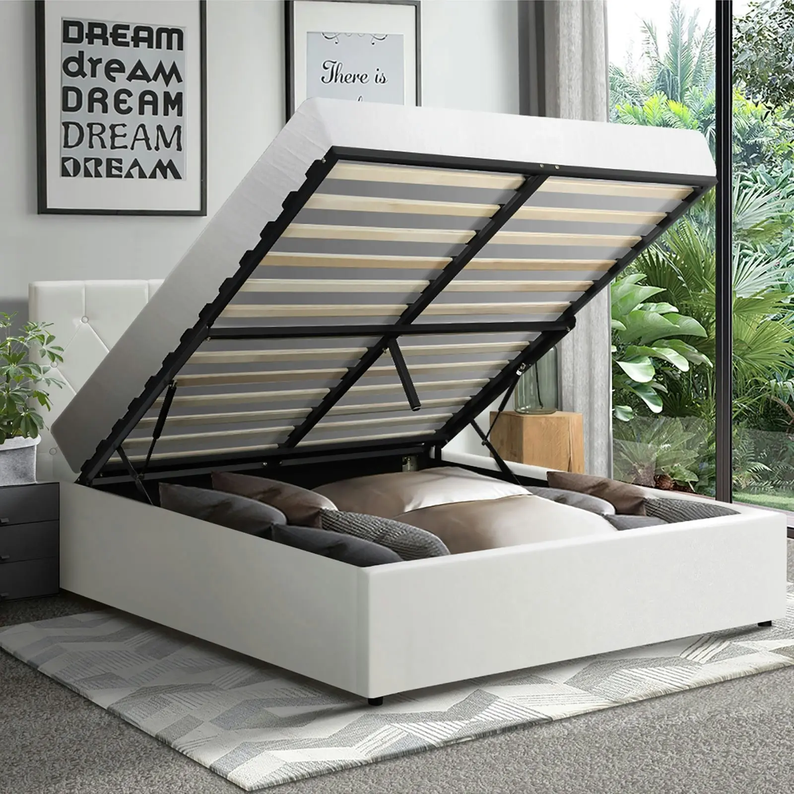 Oikiture Bed Frame Queen Size Gas Lift White Leather COTI