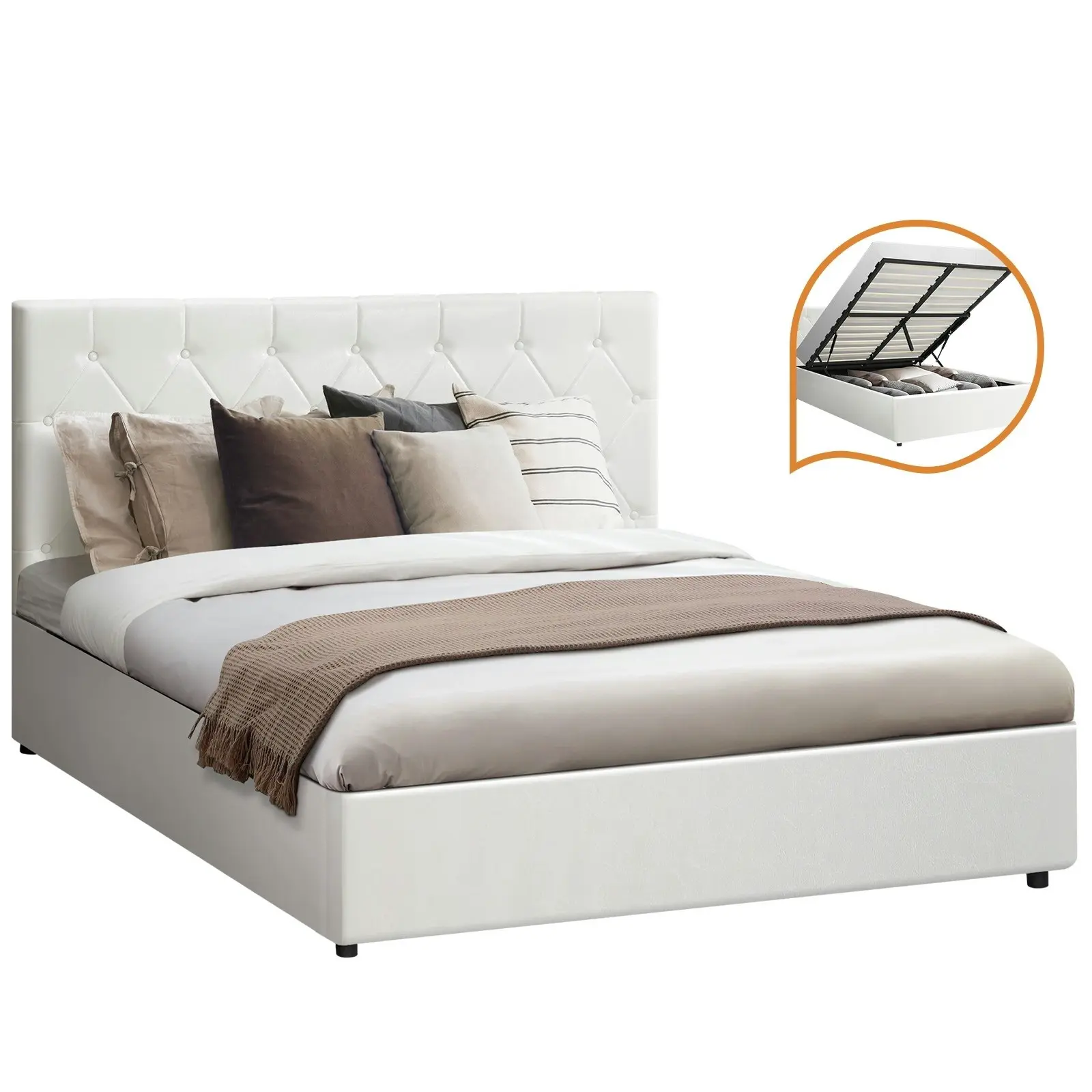 Oikiture Bed Frame Queen Size Gas Lift White Leather COTI