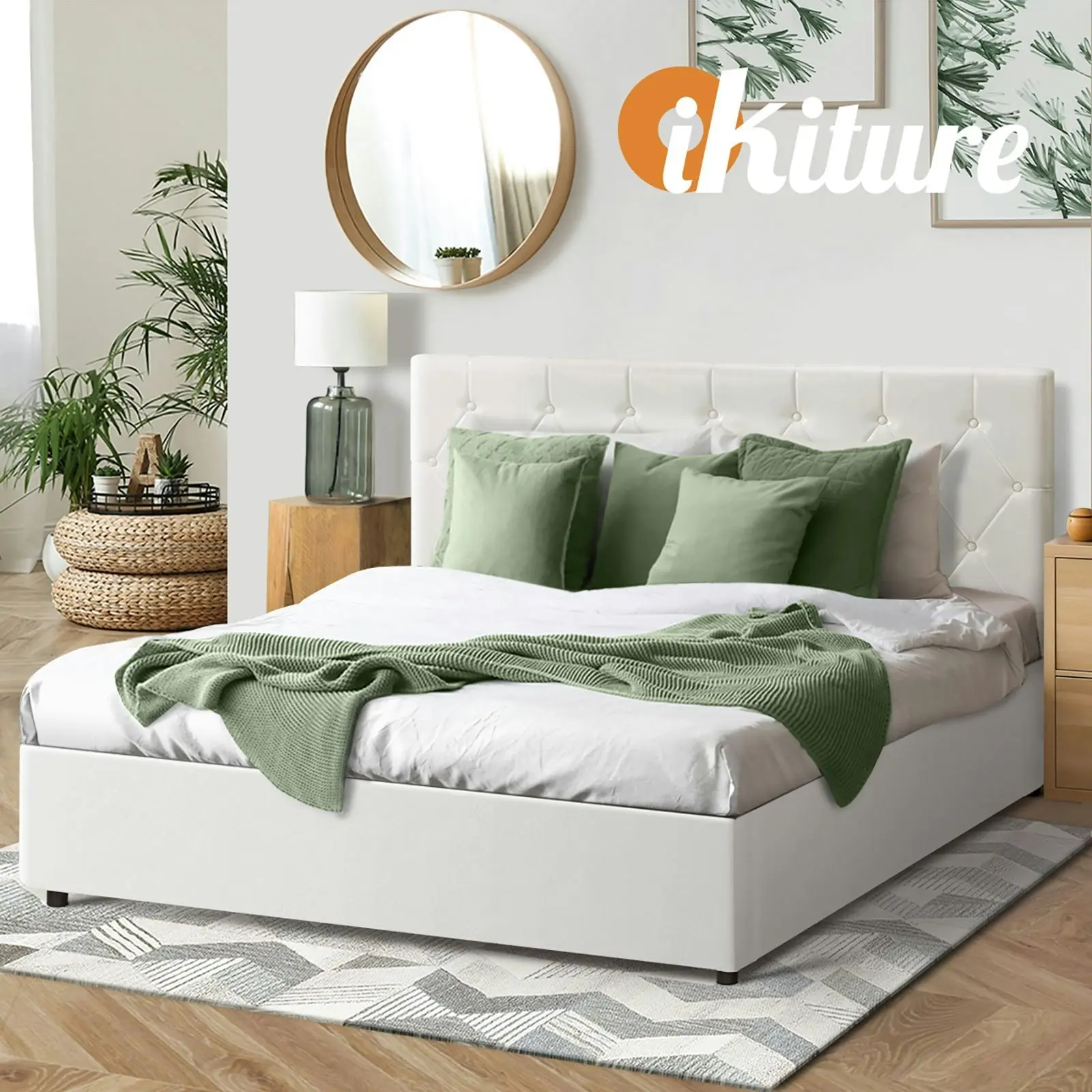 Oikiture Bed Frame Queen Size Gas Lift White Leather COTI