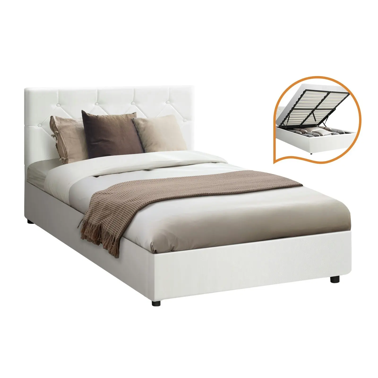 Oikiture Bed Frame King Single Gas Lift White Leather COTI