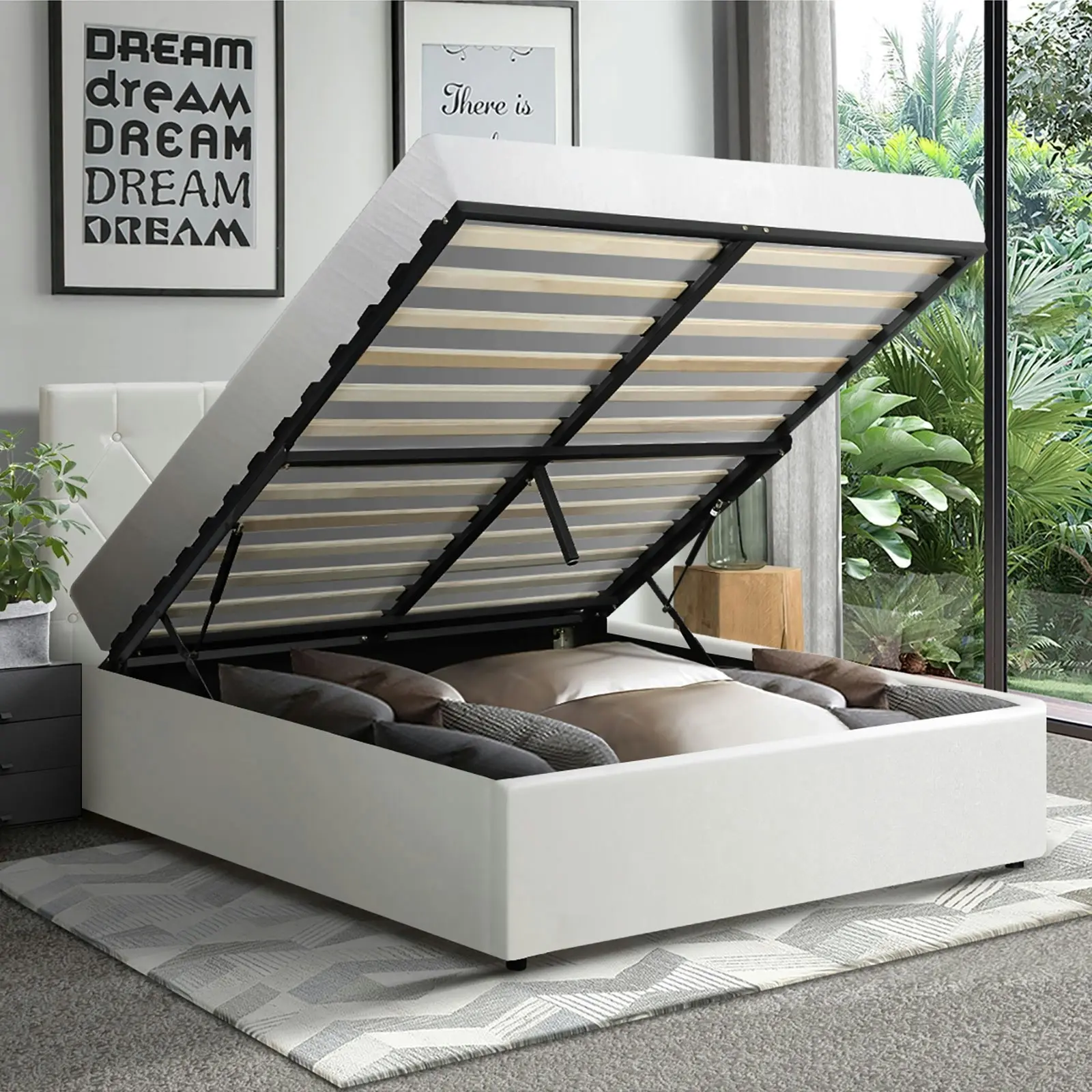 Oikiture Bed Frame King Single Gas Lift White Leather COTI