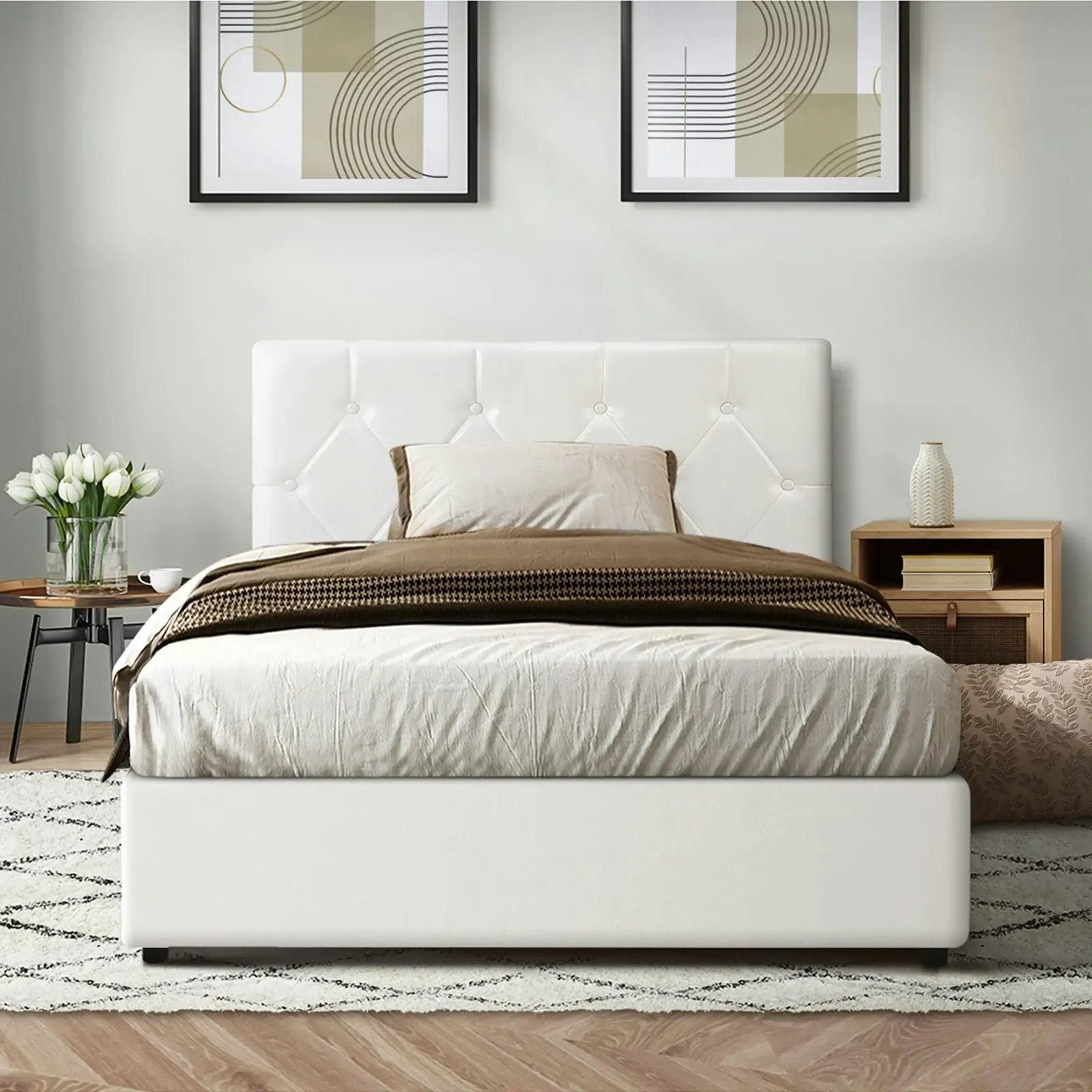 Oikiture Bed Frame King Single Gas Lift White Leather COTI