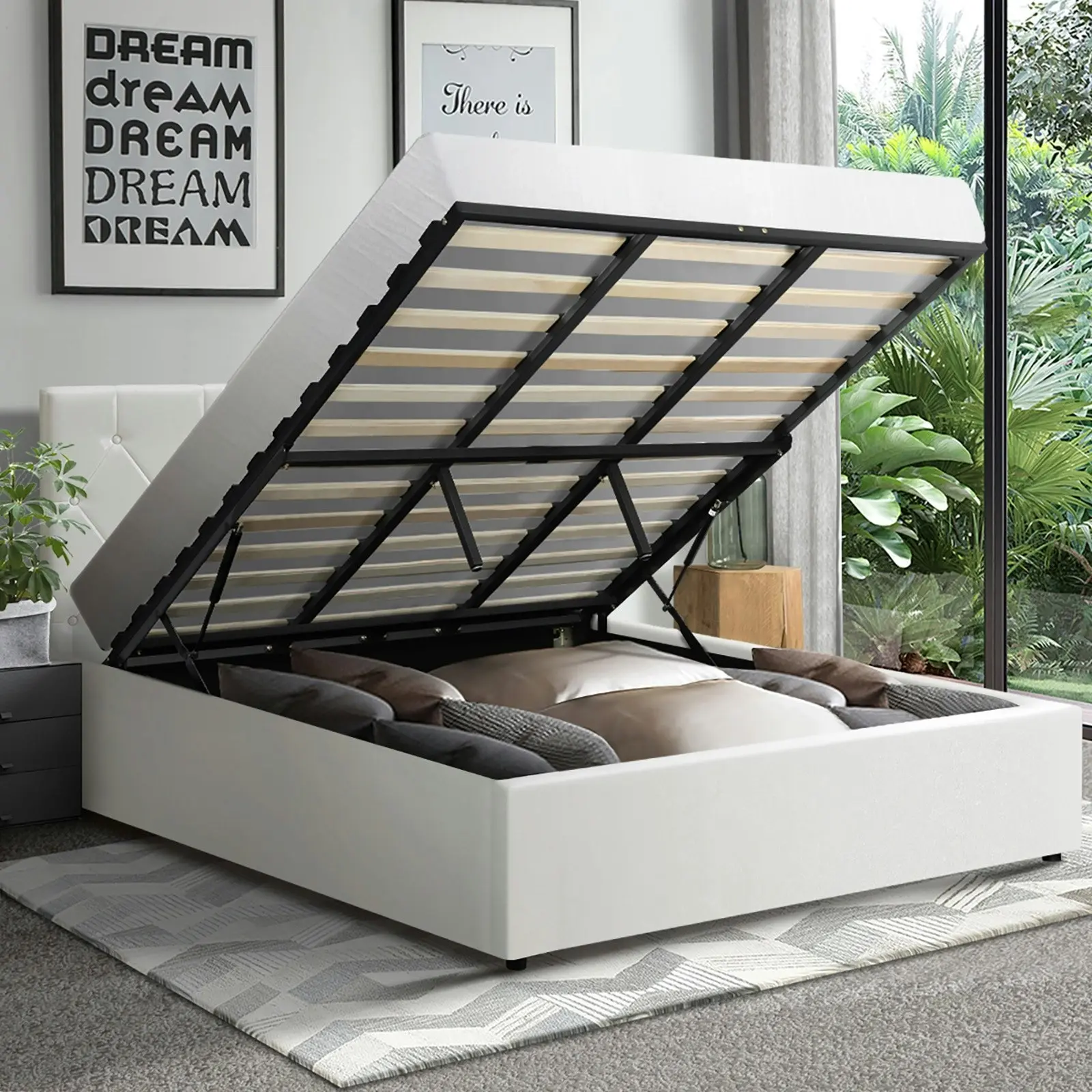 Oikiture Bed Frame King Size Gas Lift White Leather COTI