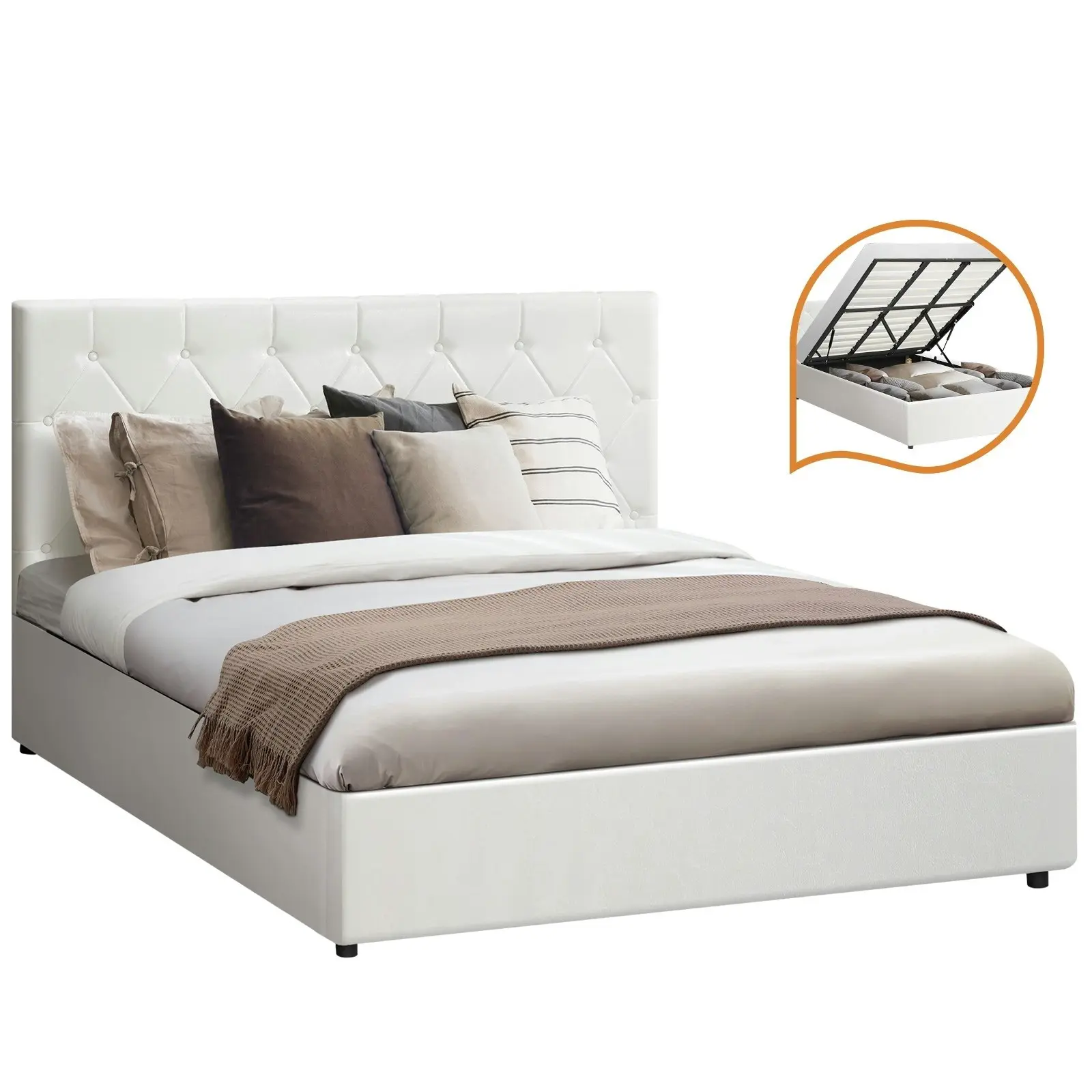 Oikiture Bed Frame King Size Gas Lift White Leather COTI