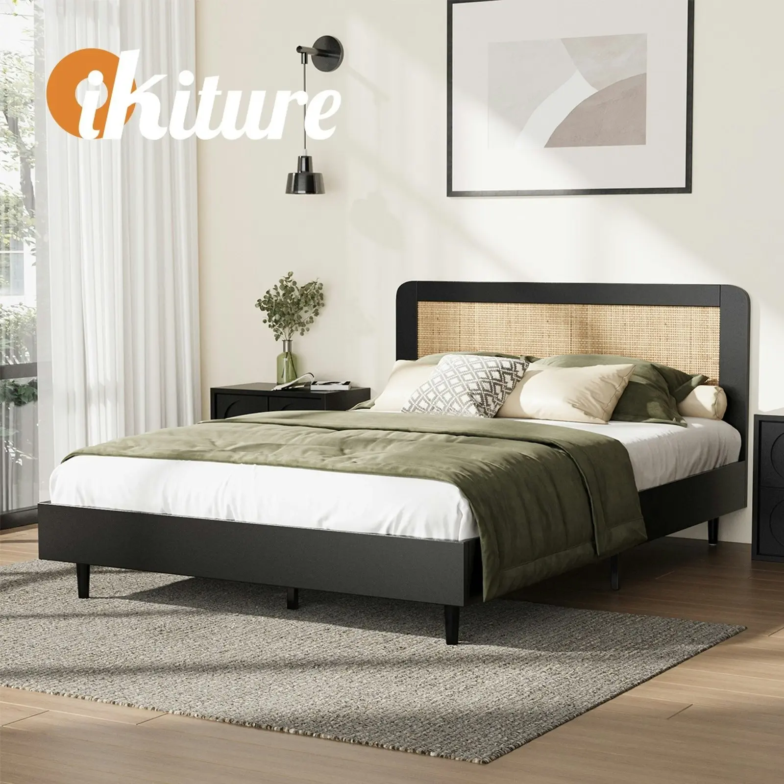 Oikiture Bed Frame Wooden Bed Frame Black-Queen