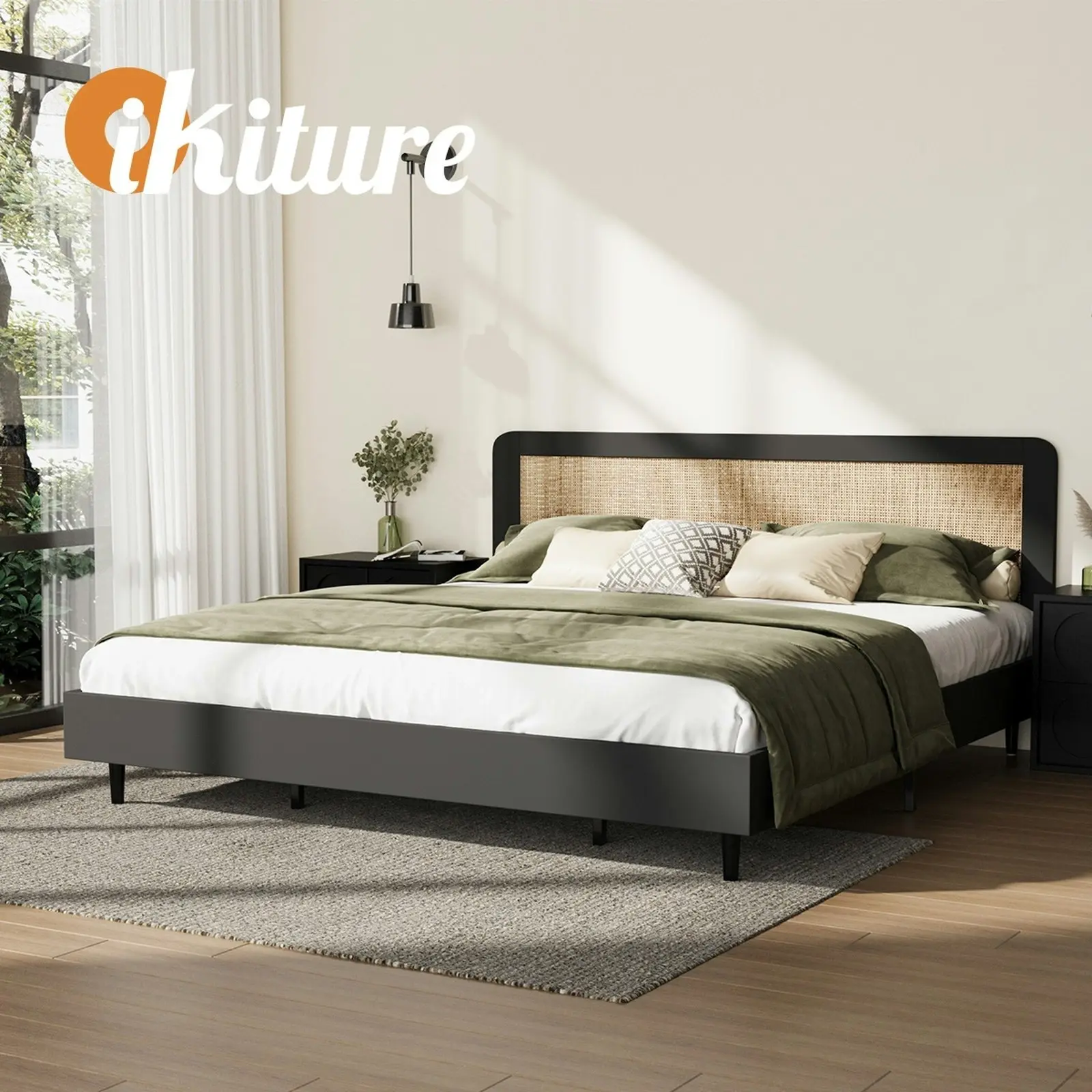 Oikiture Bed Frame Wooden Bed Frame Black-King