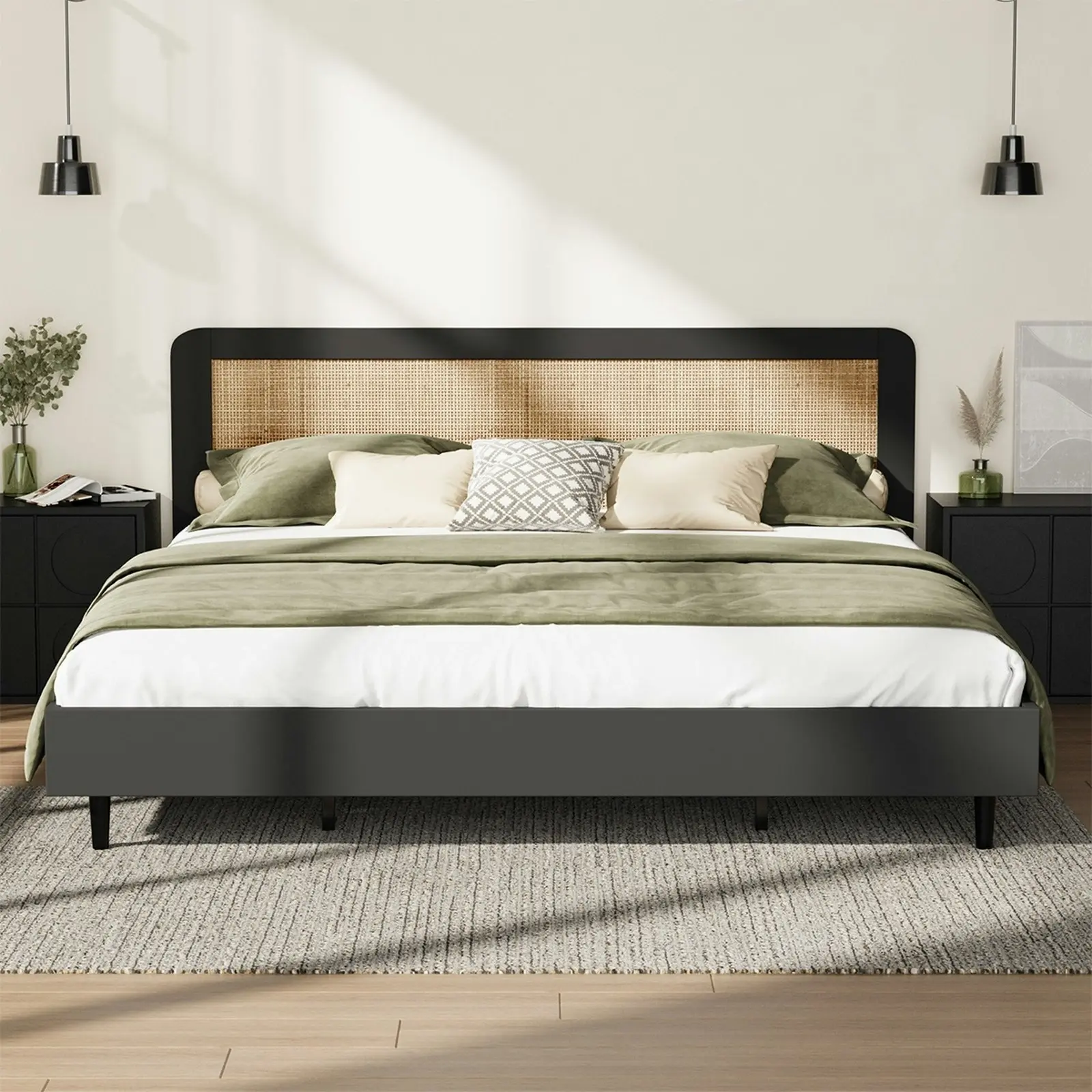 Oikiture Bed Frame Wooden Bed Frame Black-King