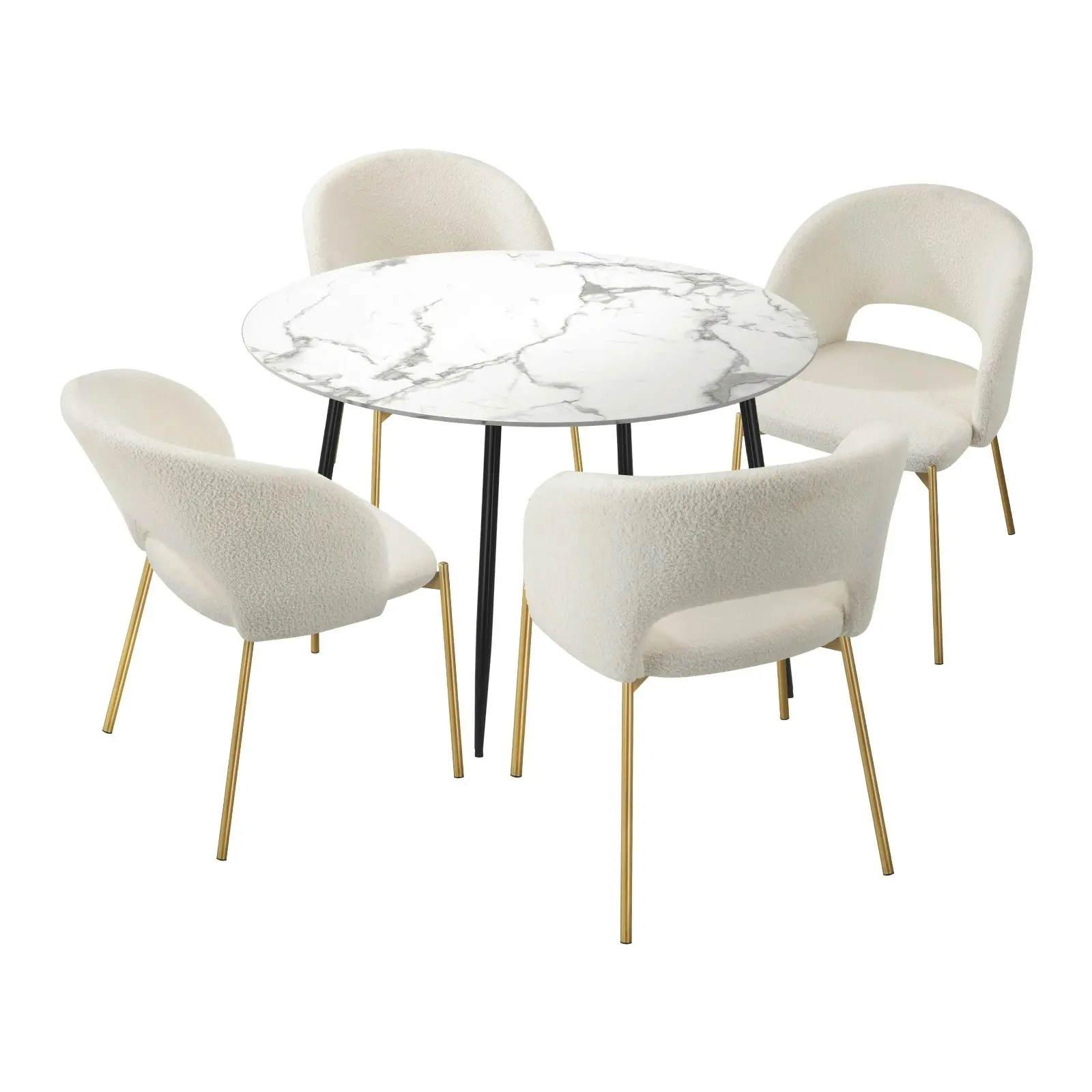 Oikiture 5PCS Dining sets 110cm Round Table with 4PCS Chairs Sherpa White&Gold