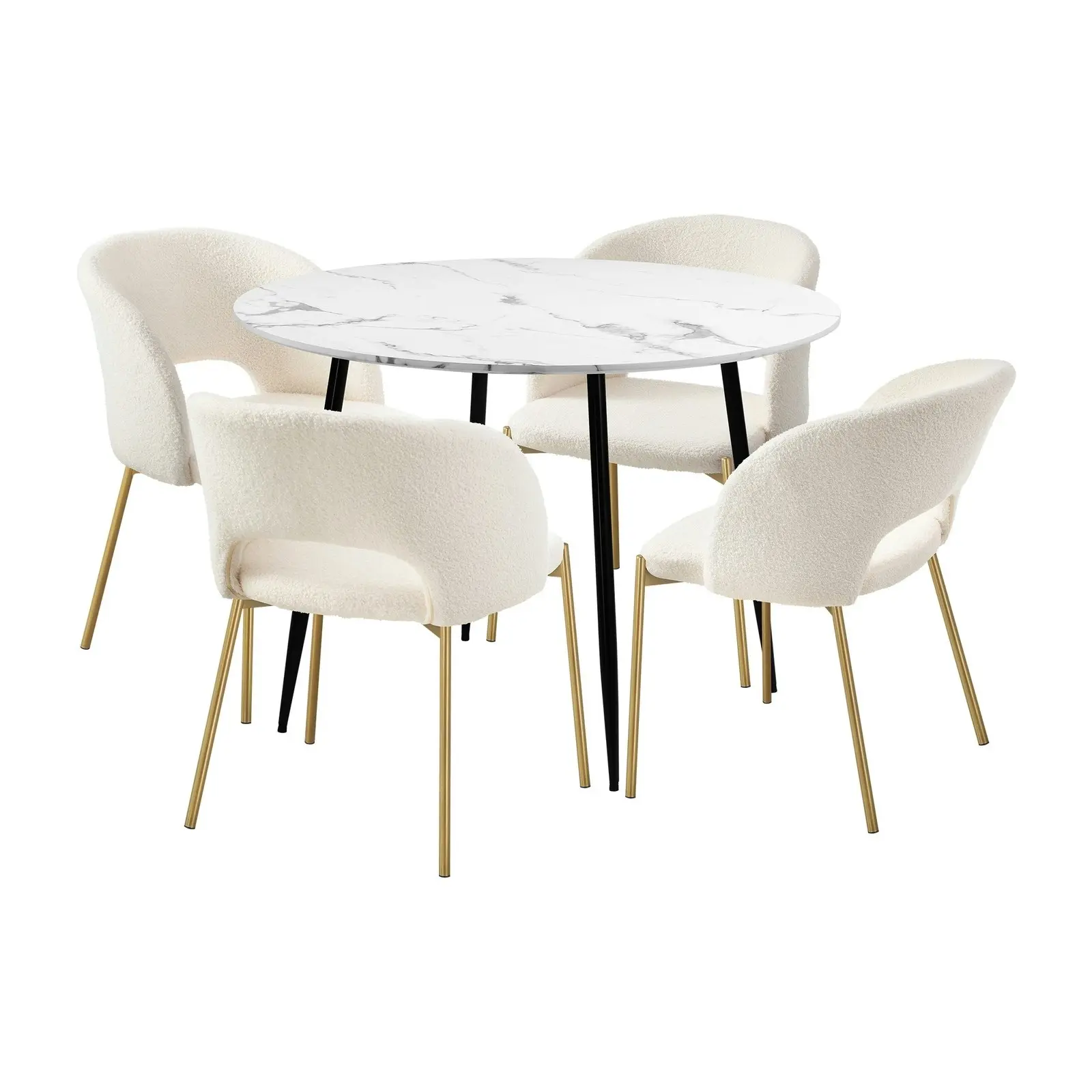 Oikiture 5PCS Dining sets 110cm Round Table with 4PCS Chairs Sherpa White&Gold