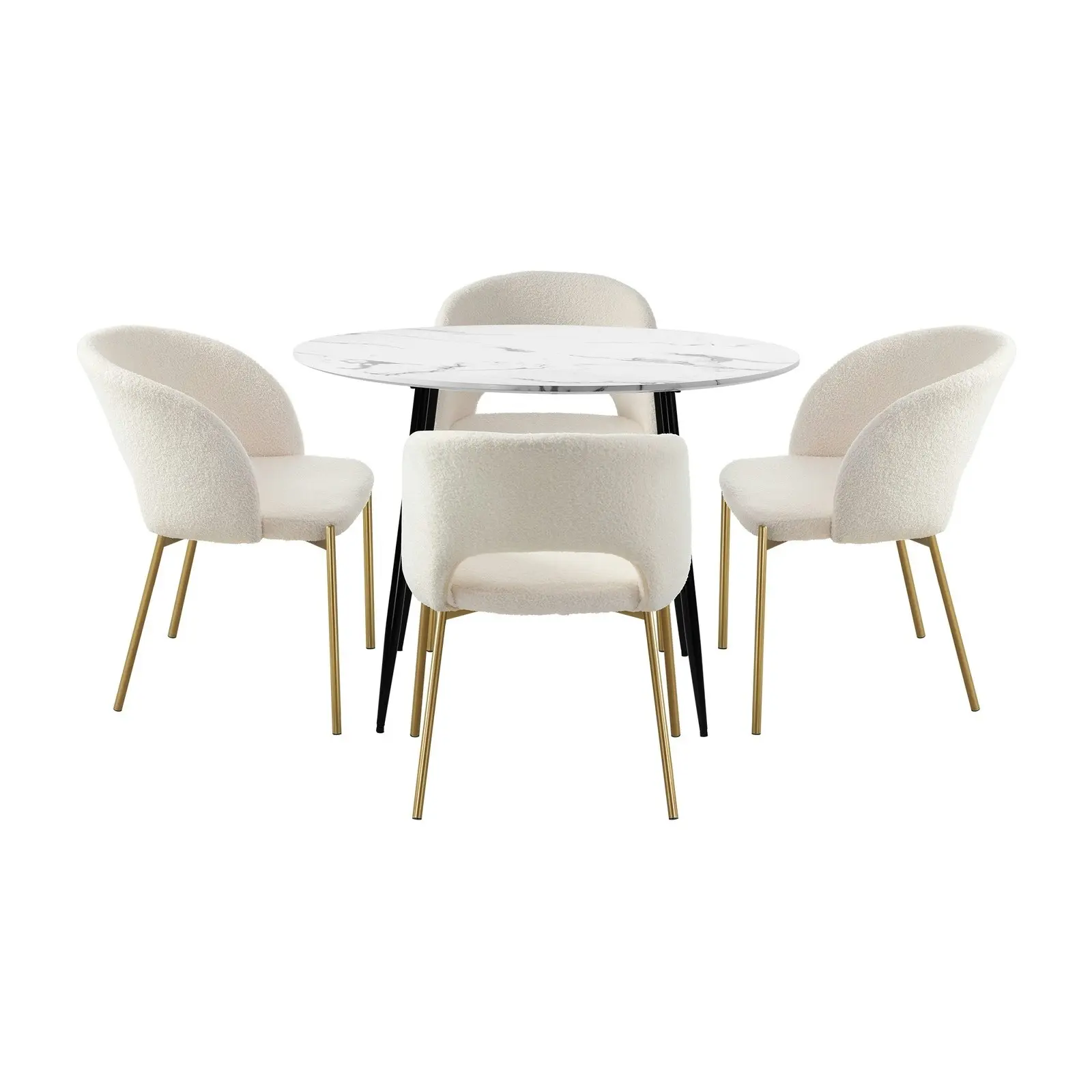 Oikiture 5PCS Dining sets 110cm Round Table with 4PCS Chairs Sherpa White&Gold