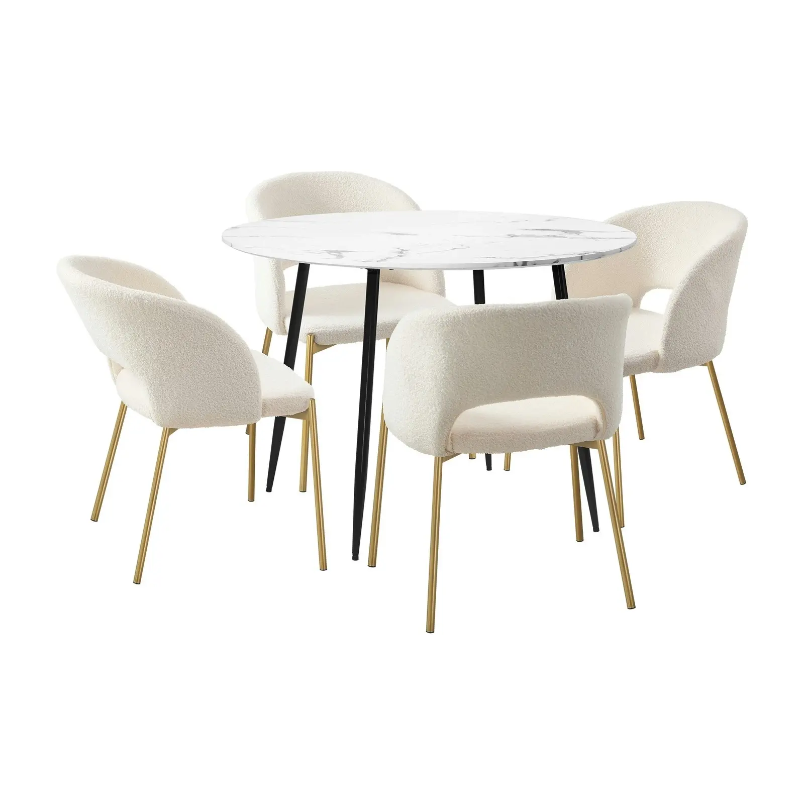 Oikiture 5PCS Dining sets 110cm Round Table with 4PCS Chairs Sherpa White&Gold