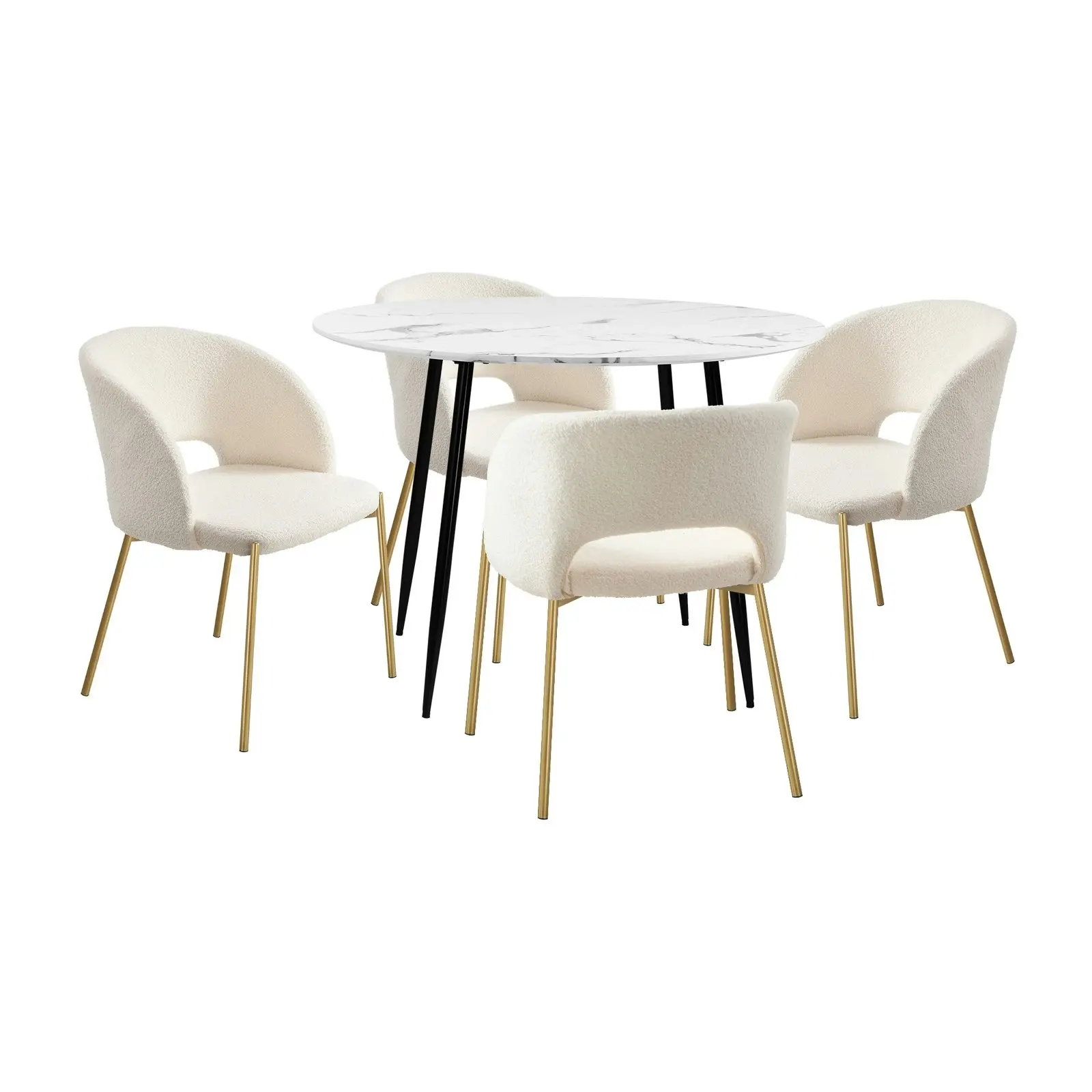 Oikiture 5PCS Dining sets 110cm Round Table with 4PCS Chairs Sherpa White&Gold