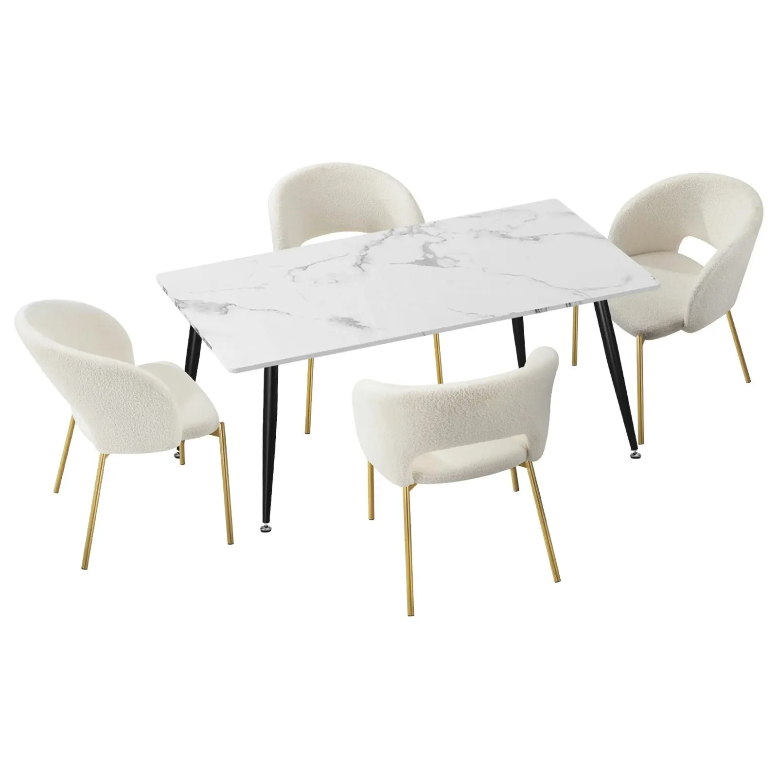 Oikiture 5PCS Dining sets 120cm Rectangle Table with 4PCS Chairs Sherpa White1