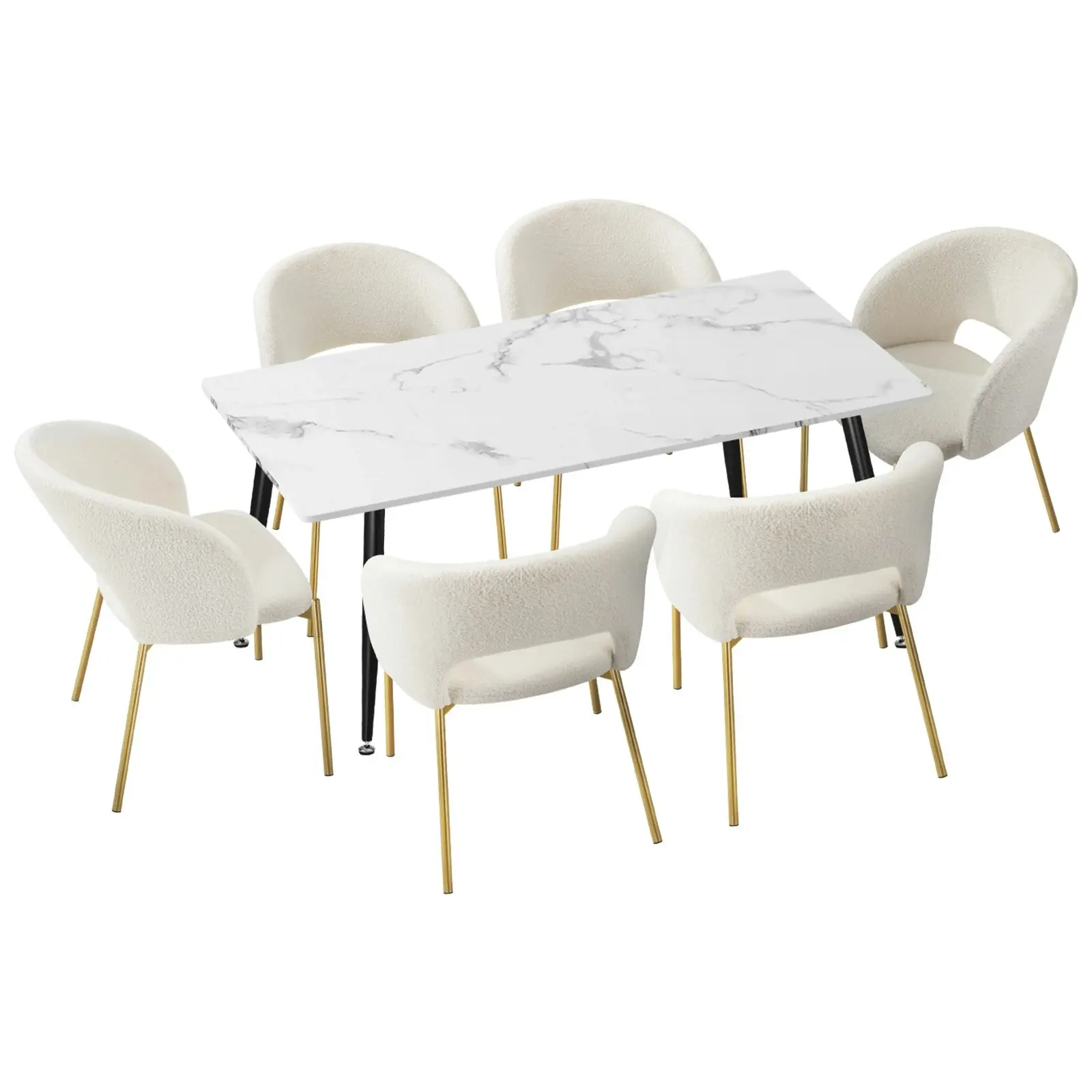 Oikiture 7PCS Dining sets 120cm Rectangle Table with 6PCS Chairs Sherpa White1