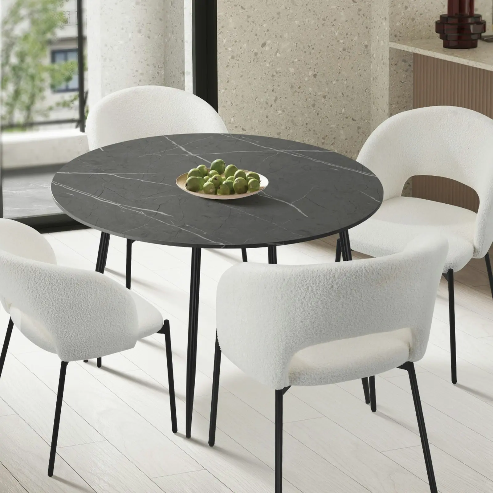 Oikiture 110cm Dining Table Round Wooden Table With Marble Effect Metal Legs GY