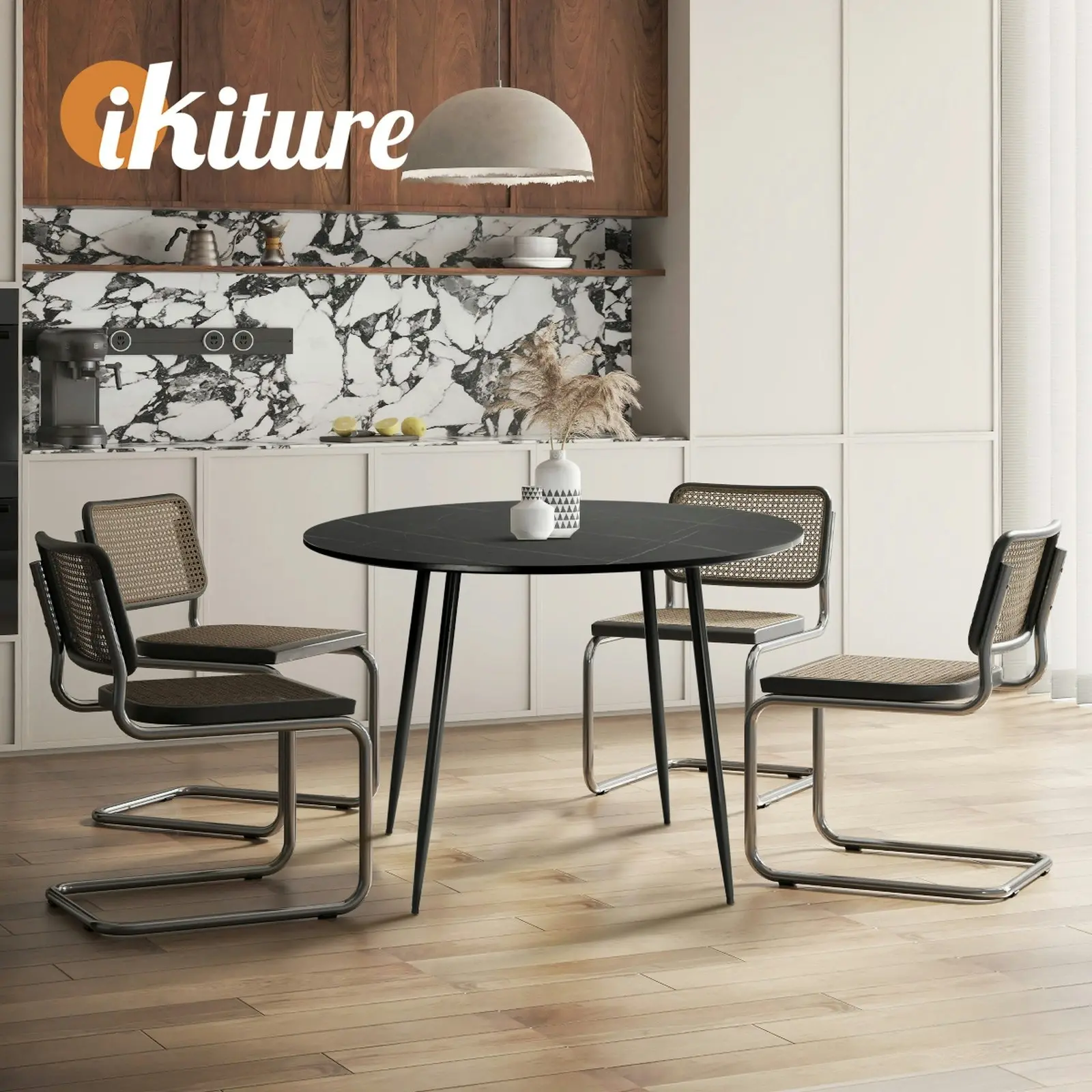 Oikiture 110cm Dining Table Round Wooden Table With Marble Effect Metal Legs BK