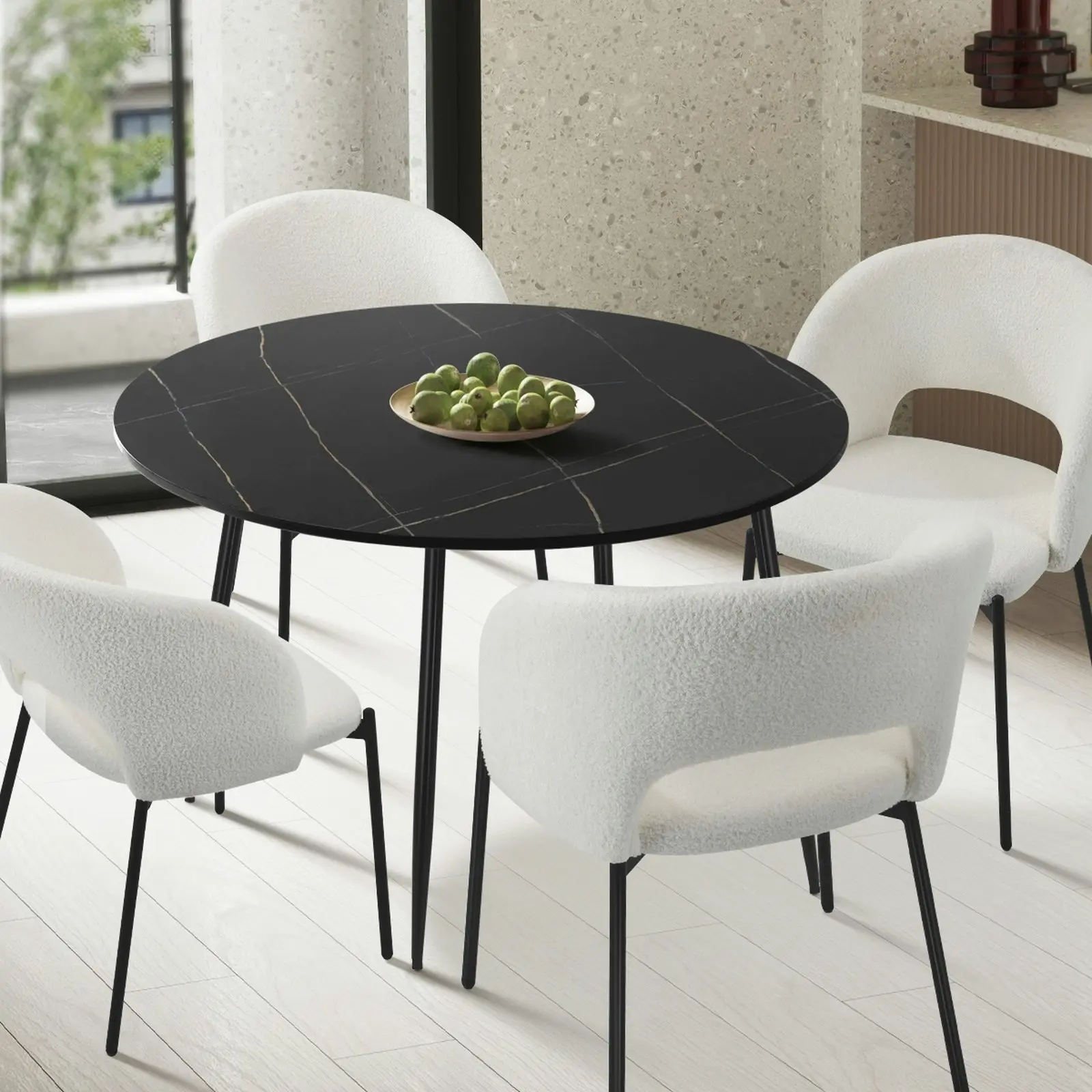 Oikiture 110cm Dining Table Round Wooden Table With Marble Effect Metal Legs BK