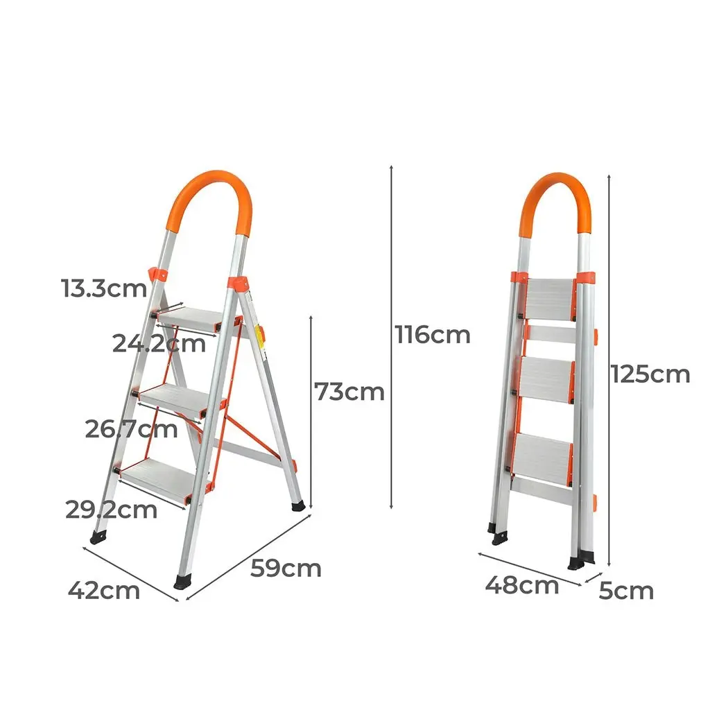 Traderight 3 Step Ladder Folding Aluminium Portable Multi Purpose Household Tool