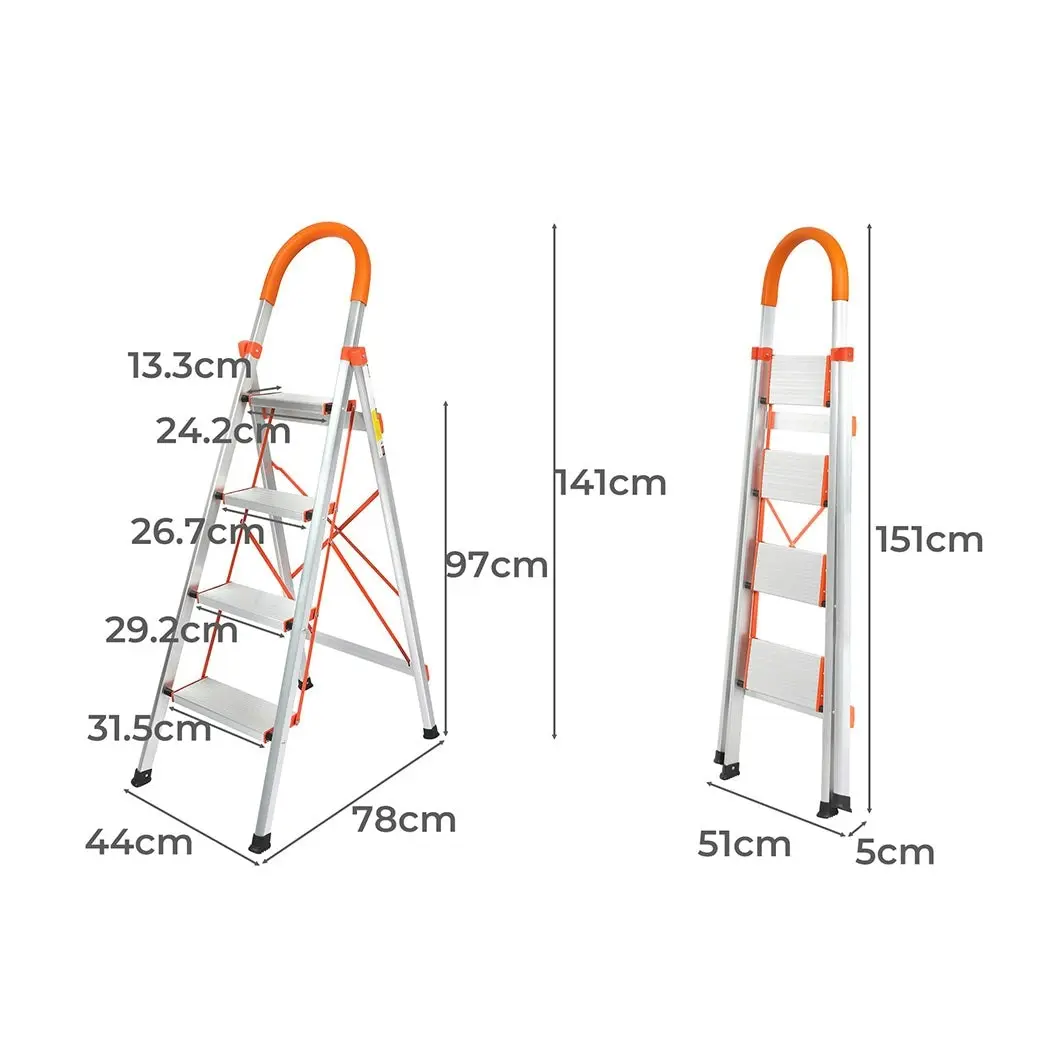 Traderight 4 Step Ladder Folding Aluminium Portable Multi Purpose Household Tool