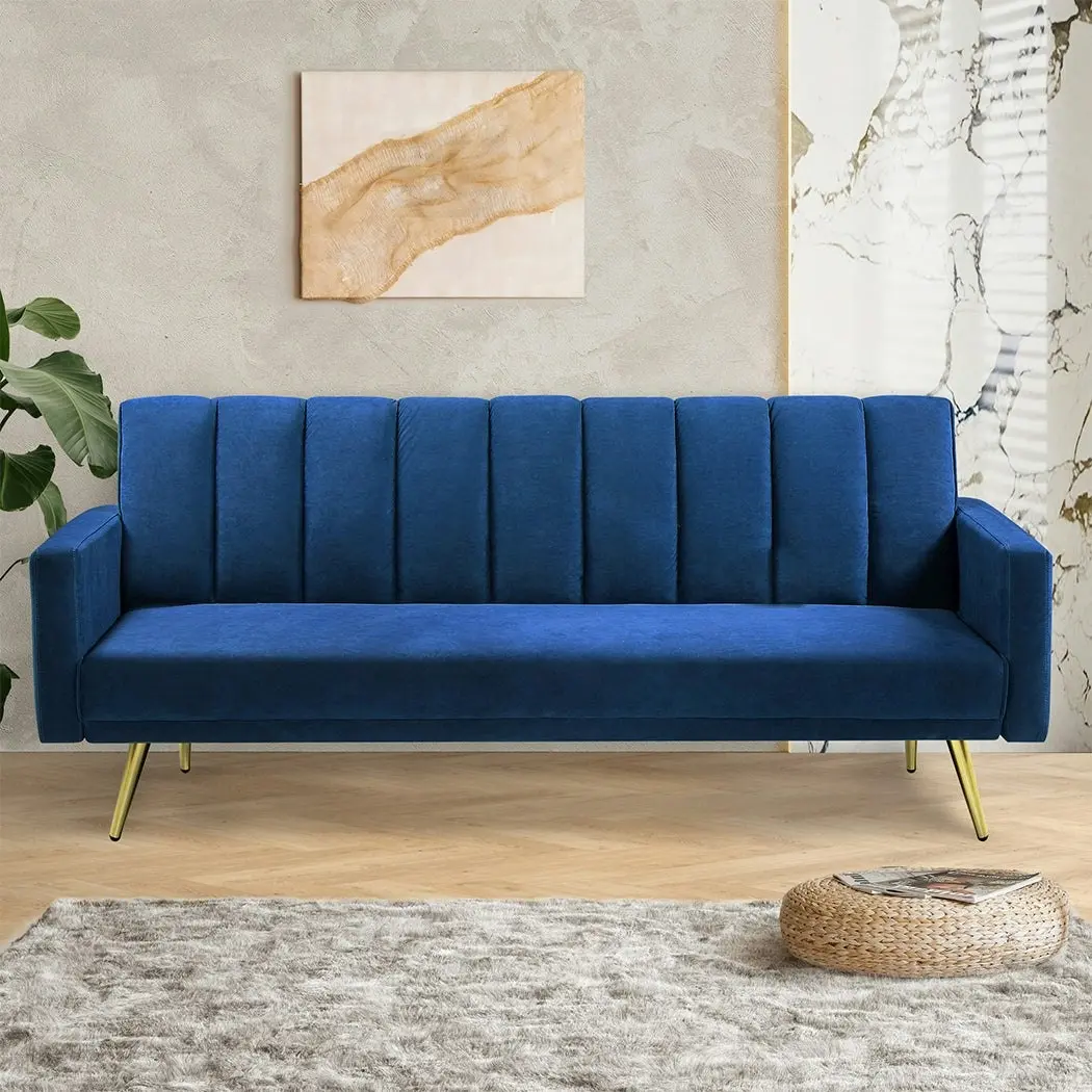 Levede Sofa Bed Convertible Velvet Lounge Recliner Couch Sleeper 3 Seater Blue