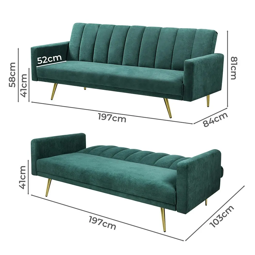 Levede Sofa Bed Convertible Velvet Lounge Recliner Couch Sleeper 3 Seater Green