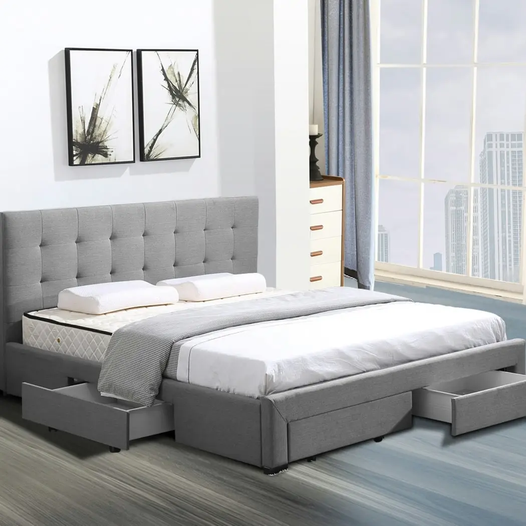 Levede Fabric Bed Frame Double Tufted 4 Drawers Storage Wooden Mattress Grey