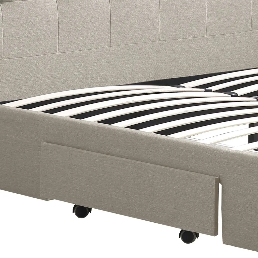 Levede Fabric Bed Frame Queen Tufted 4 Drawers Storage Wooden Mattress Beige