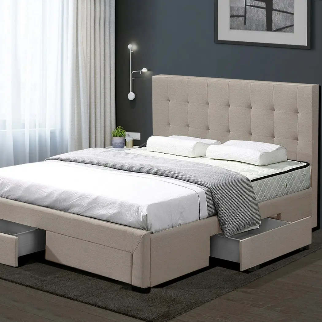 Levede Fabric Bed Frame Queen Tufted 4 Drawers Storage Wooden Mattress Beige