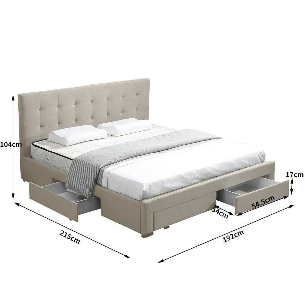 Levede Fabric Bed Frame King 4 Storage Drawers Mattress Base Platform Beige