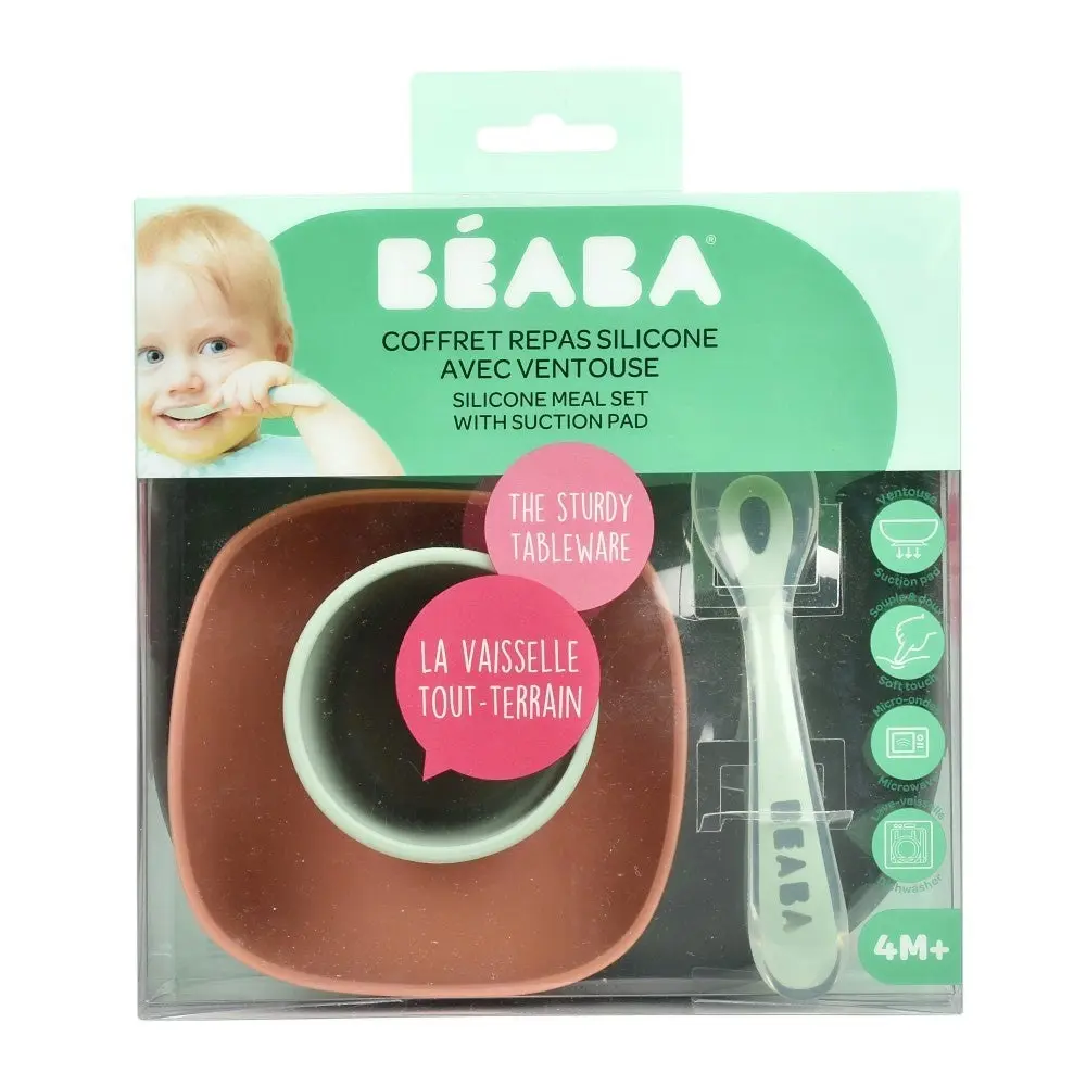 Beaba Silicone Suction Baby Toddler Meal Set Non-Slip Plate & Cup - Mineral