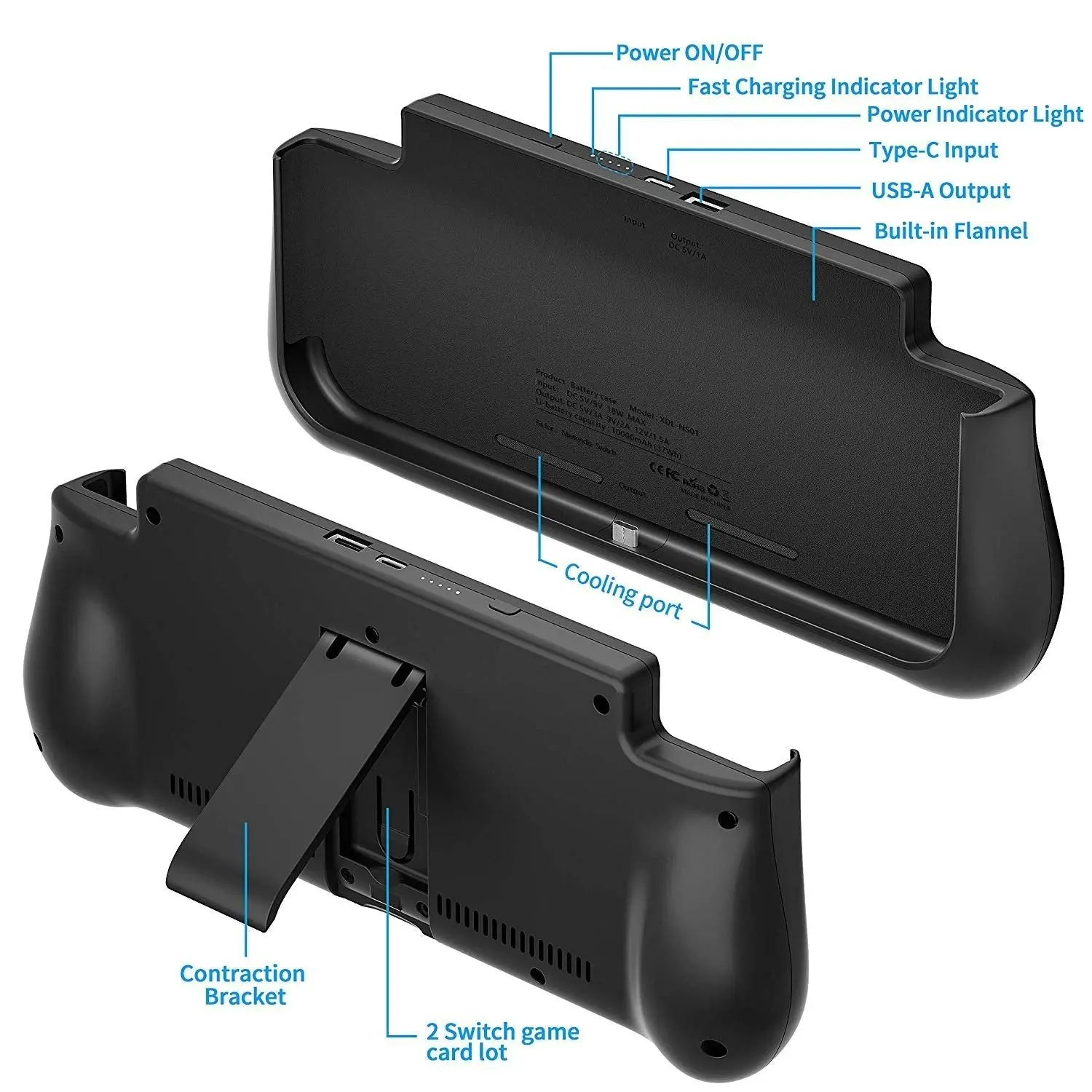 Battery Case and Power Bank Compatible With Nintendo Switch - 10000mAh (Black)