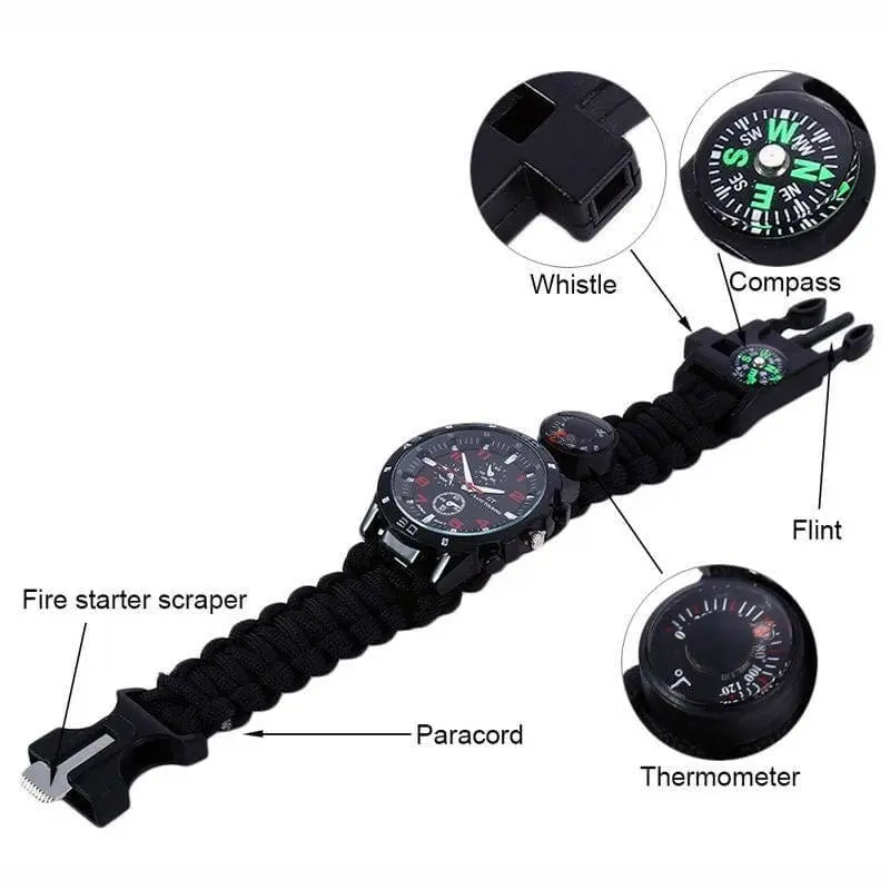 16 in 1 Camping Hiking Gear Survival Watch Compass Flint Fire Thermometer