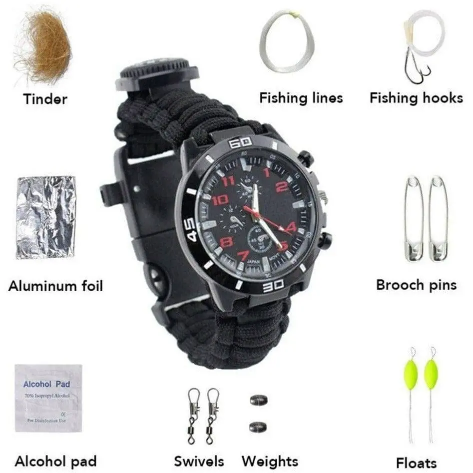 16 in 1 Camping Hiking Gear Survival Watch Compass Flint Fire Thermometer