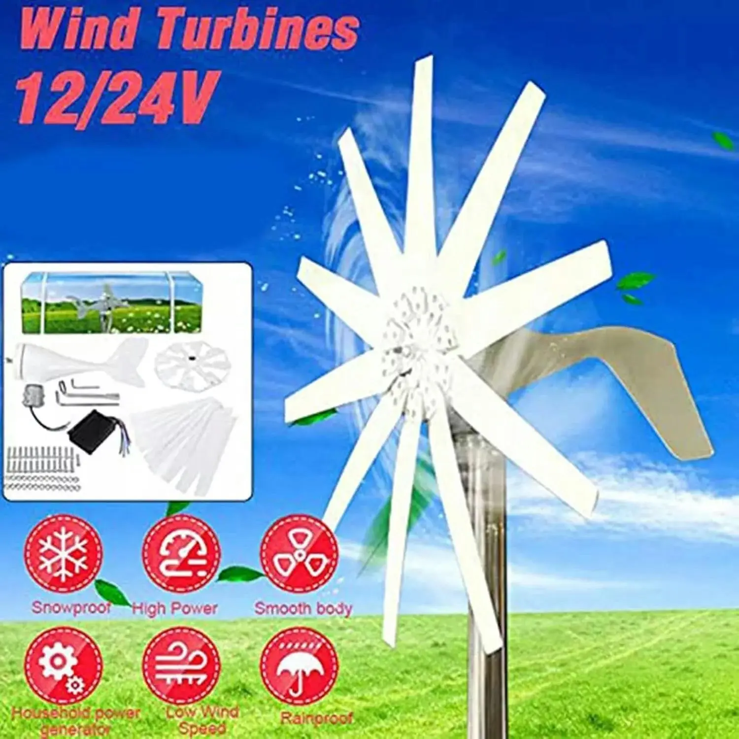 800W Peak 10 Blades 12V/24V Horizontal Wind Turbine Generator Residential Home Wind Power Generator - 24V