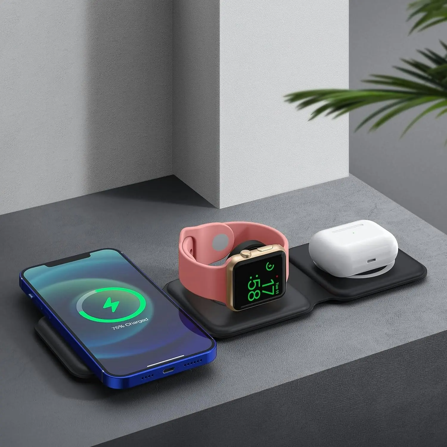 Foldable 3-in-1 Wireless Charger with Magnetic Charging Pad, Fast Charging Station, and Portable Stand