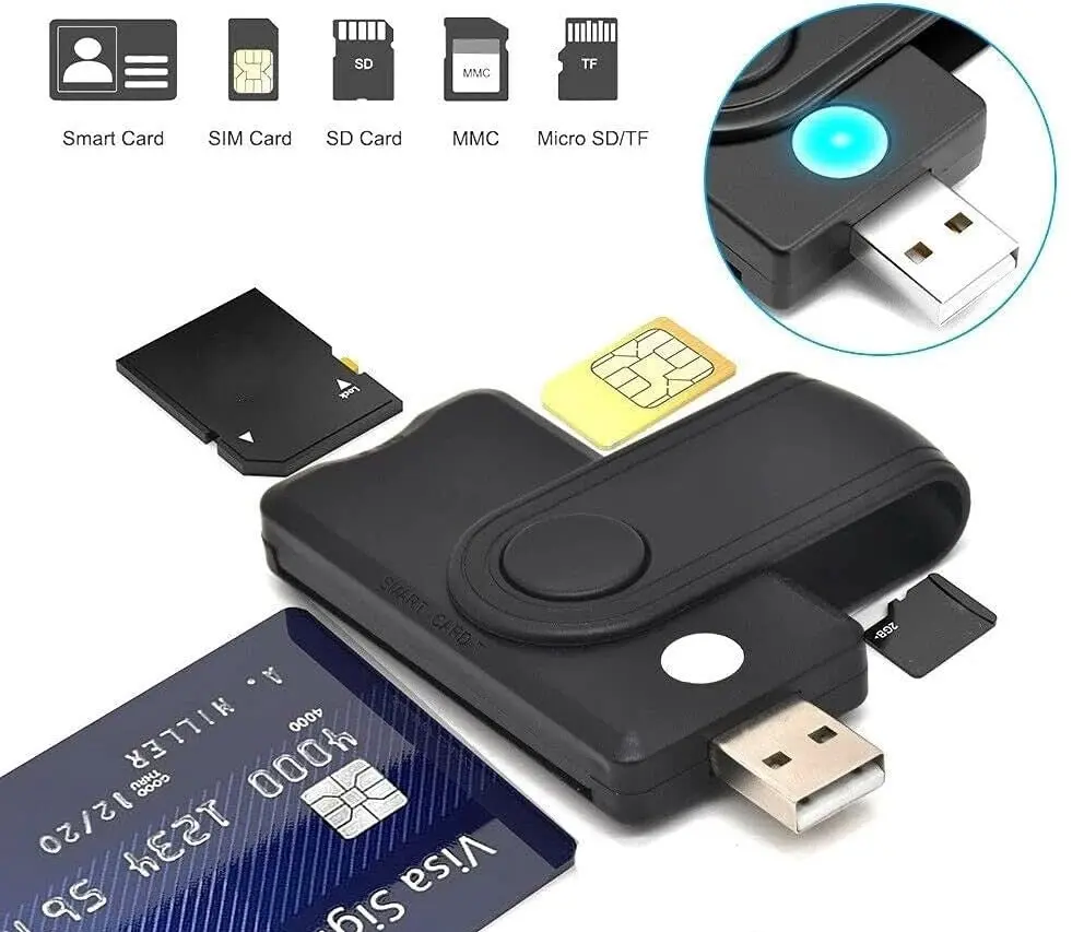 USB Smart Card Reader SD/TF/CAC/DOD/HC/MMC Micro SD Memory ID Bank Sim Card Adapter