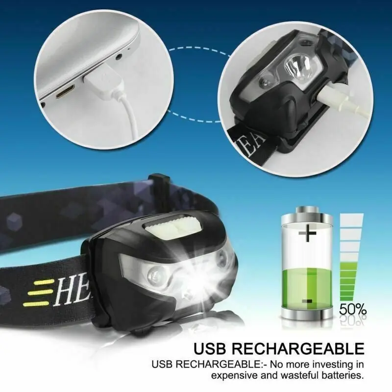 Waterproof Head Torch LED Headlamp Flashlight USB Rechargeable CREE Fish Camping