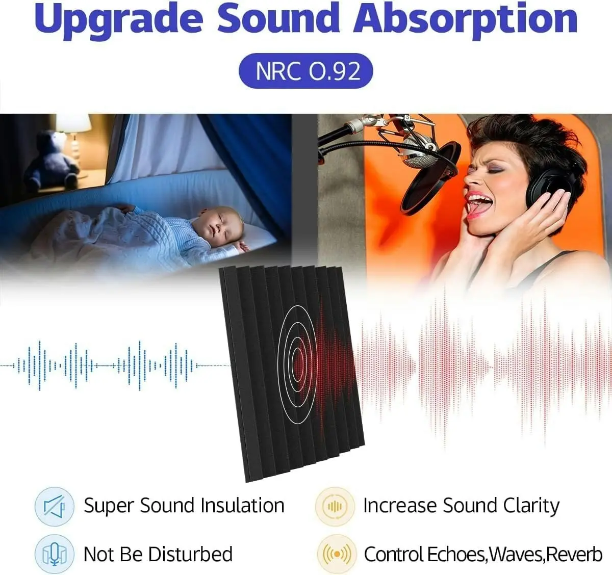 12 Pack| Self Adhesive Studio Acoustic Foam Sound Proofing Panel Strong Absorption (30cm x 30cm x 5cm)