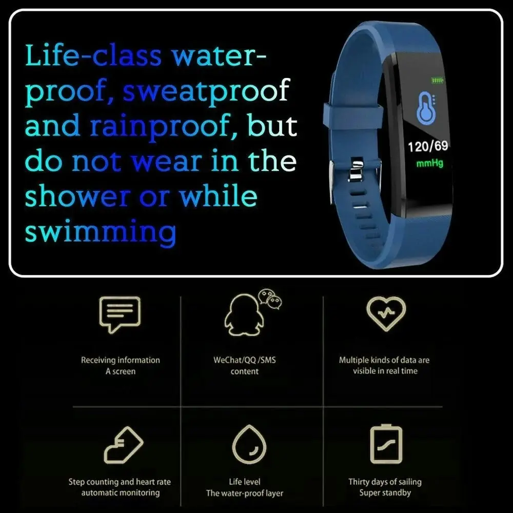 Smart Watch Sport Band Fitness Activity Tracker Kids Fit For Bit iOS Android | Black