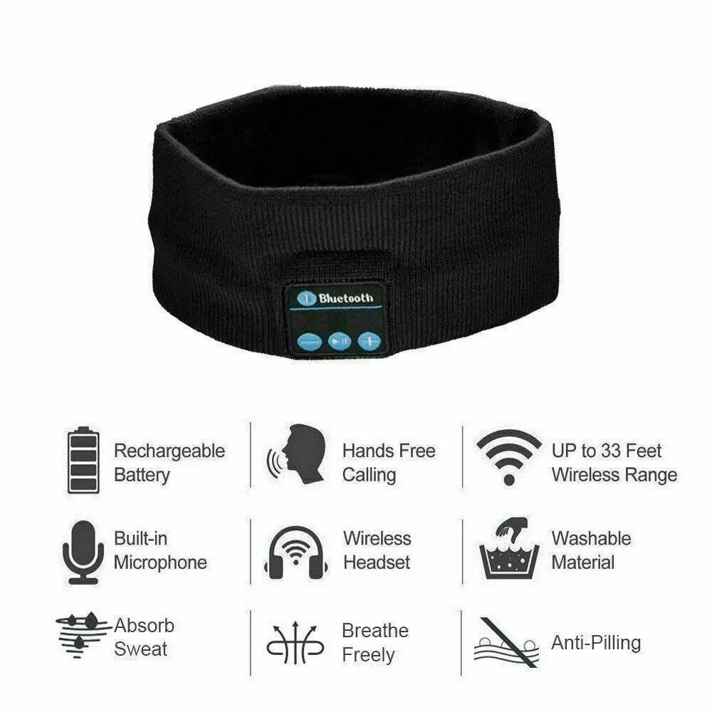 Wireless Bluetooth Headband Earphone Stereo Sport Headphone Headset GYM Sleep | Black