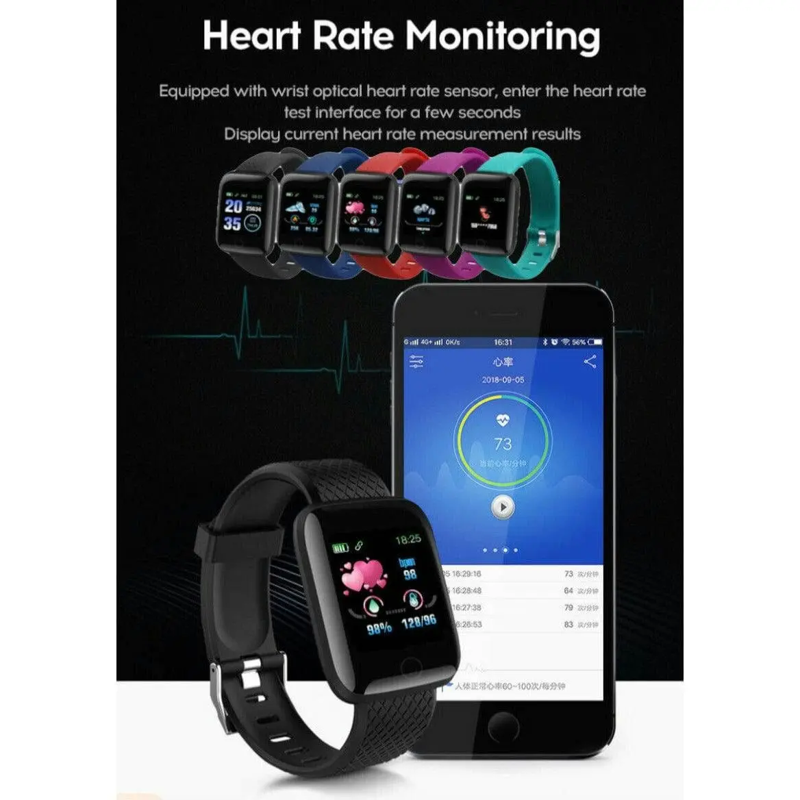 Sports Smart Watch Fitness Tracker Bracelet Heart Rate Blood Pressure Pedometer | Black