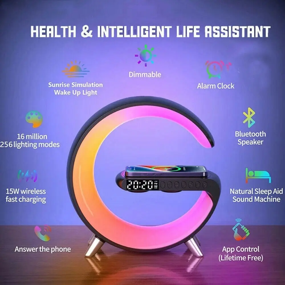 5in1 15W Wireless Fast Charger Smart Bluetooth Speaker with Alarm Clock LED Lamp