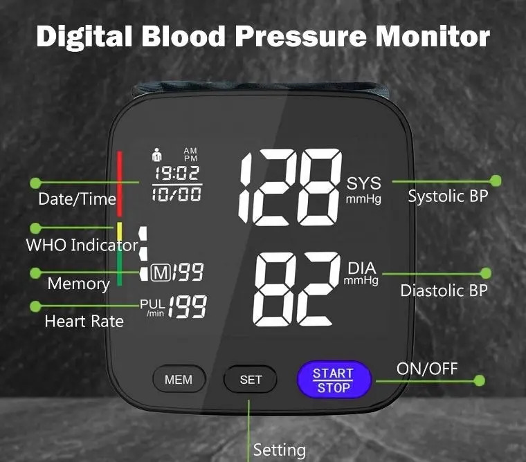 Digital Wrist Blood Pressure Monitor BP Machine Large Cuff Auto Wireless Black