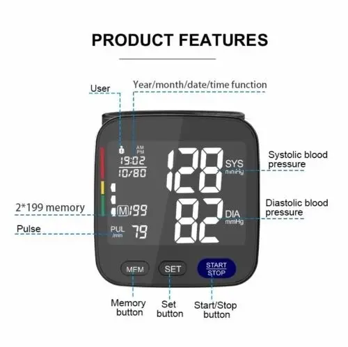 Digital Wrist Blood Pressure Monitor BP Machine Large Cuff Auto Wireless Black