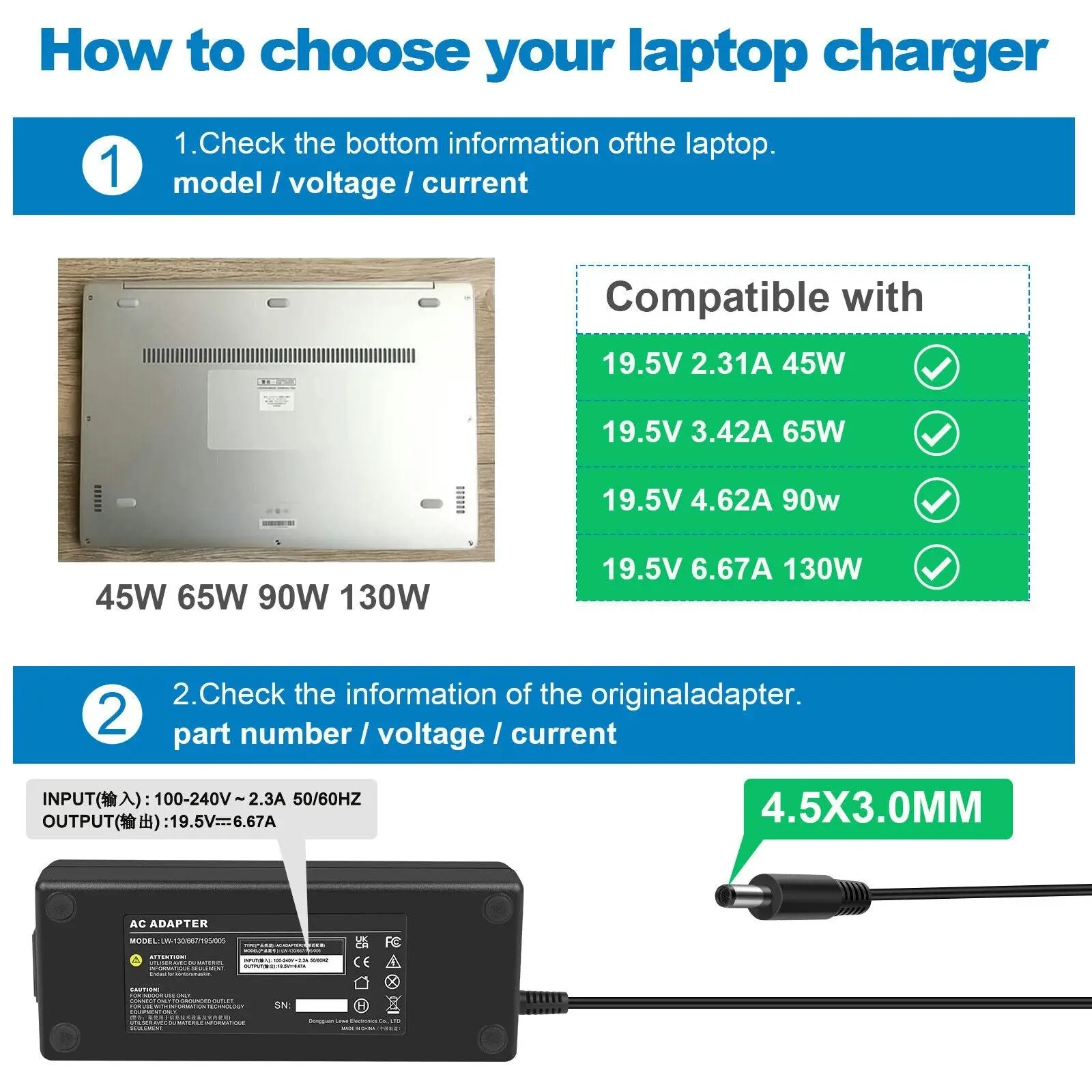 [130W] Power AC Adapter Charger 4.5x3.0mm | For Dell XPS 15 7590 Inspiron