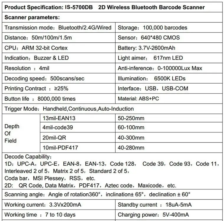 2D Bluetooth Wireless Barcode QR Code Scanner IS-5700DB (Yellow)