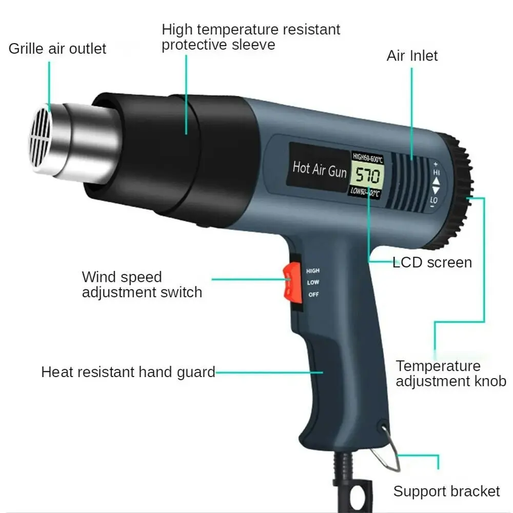 Digital Heat Gun Hot Air Heating Tool Kit Crafts Heat Shrink Wrap Paint 2000W