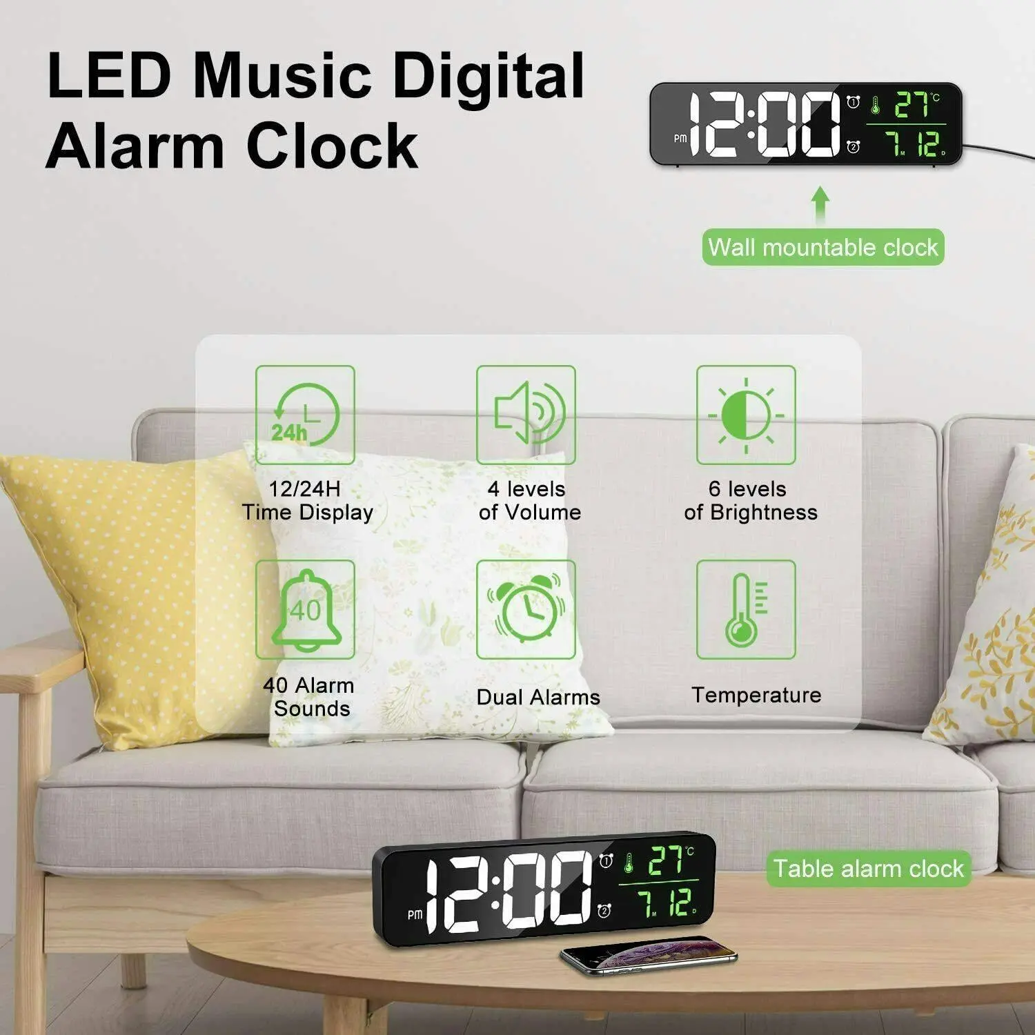 Table Clock with Temperature & Alarm | Modern Home Decor