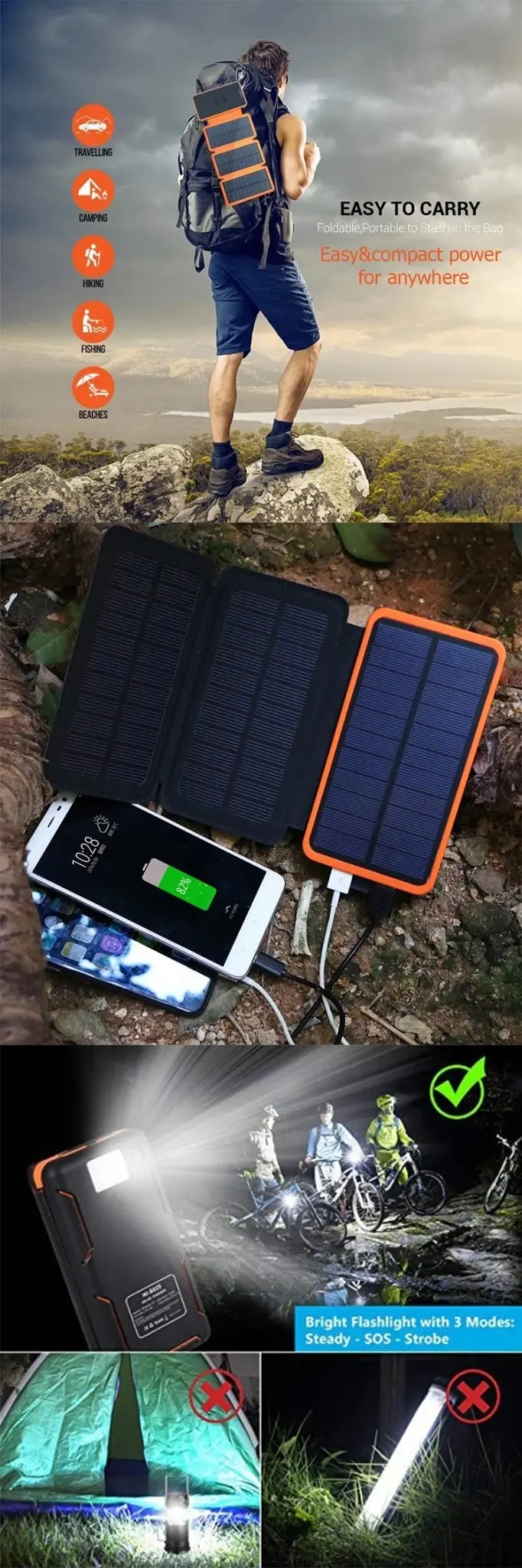 Wireless Power Bank with Solar Panel Recharging | Weatherproof PowerBank for Phones, iPads etc