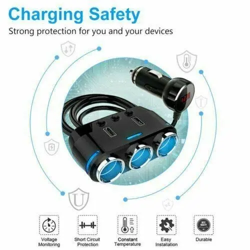 Cigarette Lighter Adapter 3x Multiple Ports + 2 USB Car Charger